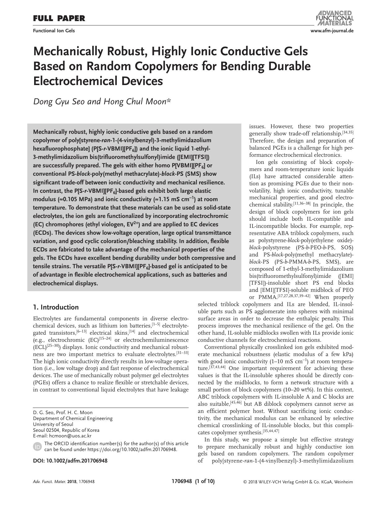 Mechanically Robust, Highly Ionic Conductive Gels Based on Random Copolymers for Bending Durable Electrochemical Devices by Unknown
