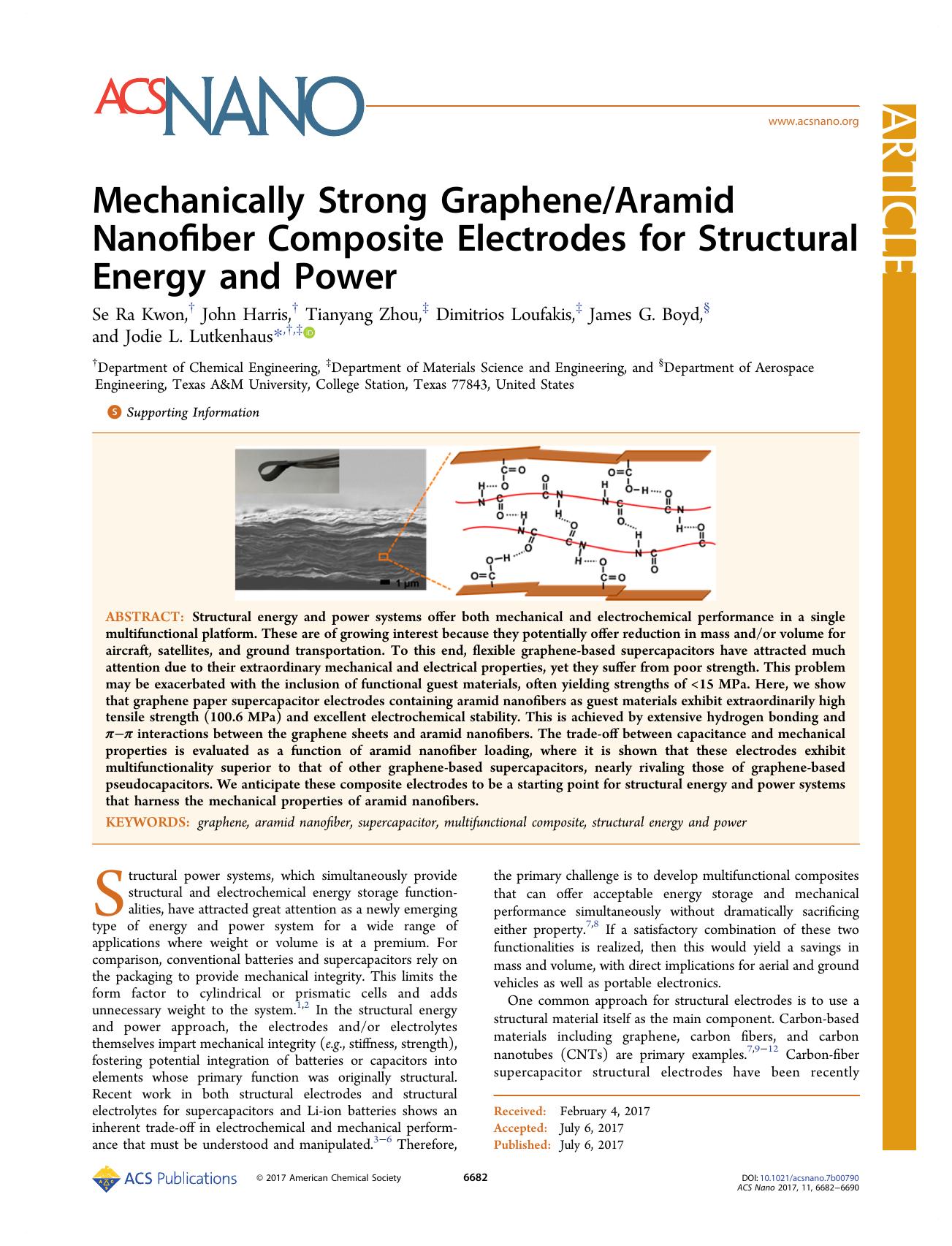 Mechanically Strong GrapheneAramid Nanofiber Composite Electrodes for Structural Energy and Power by Se Ra Kwon John Harris Tianyang Zhou Dimitrios Loufakis James G. Boyd & Jodie L. Lutkenhaus