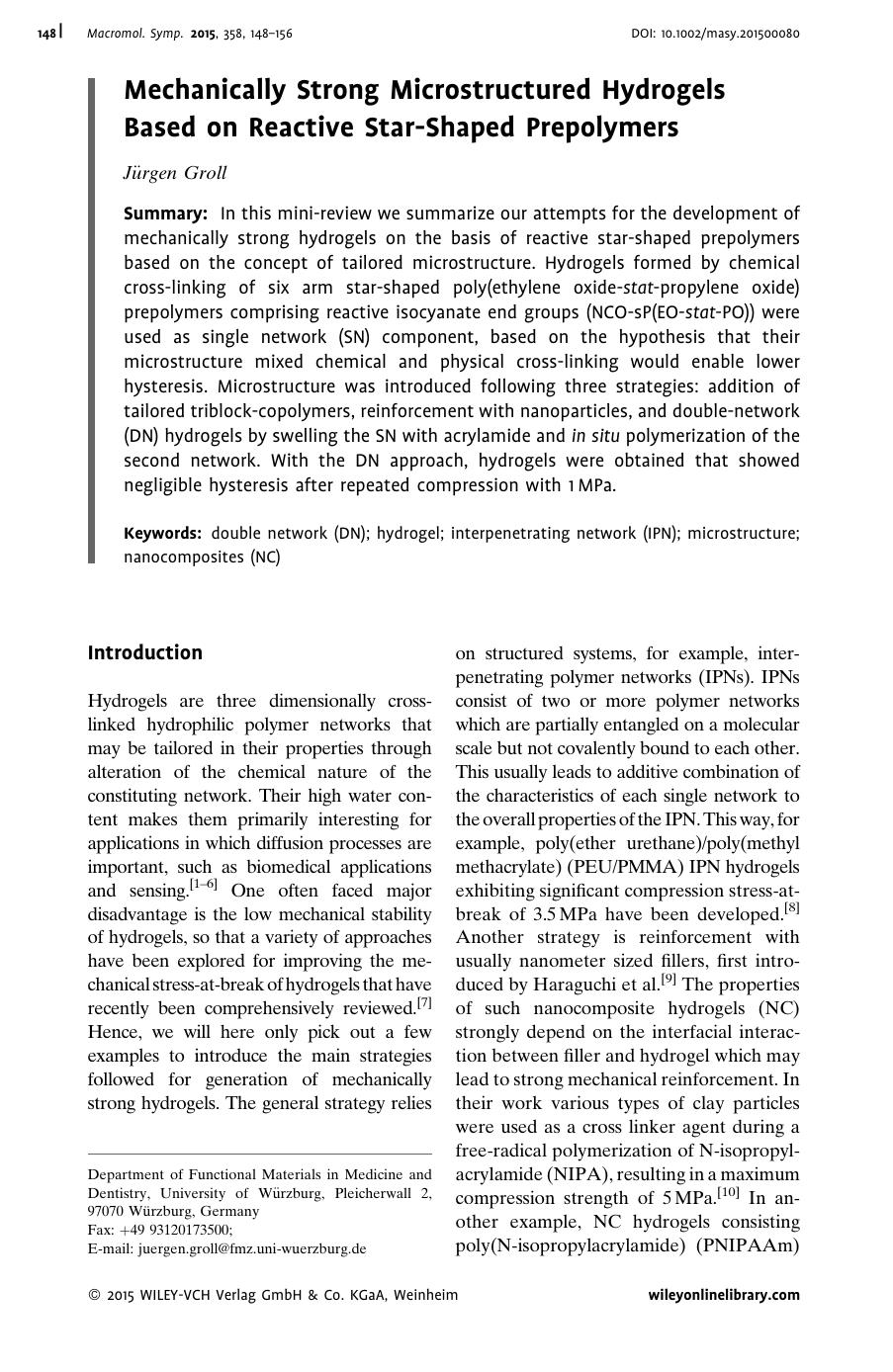 Mechanically Strong Microstructured Hydrogels Based on Reactive Star-Shaped Prepolymers by Unknown