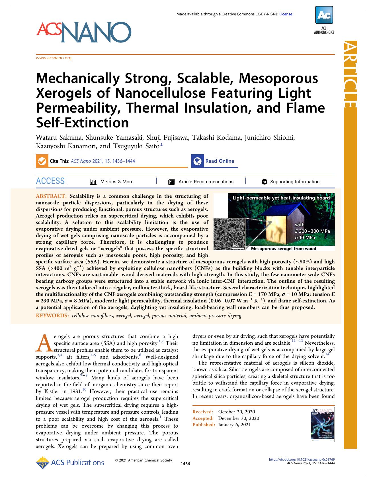 Mechanically Strong, Scalable, Mesoporous Xerogels of Nanocellulose Featuring Light Permeability, Thermal Insulation, and Flame Self-Extinction by unknow
