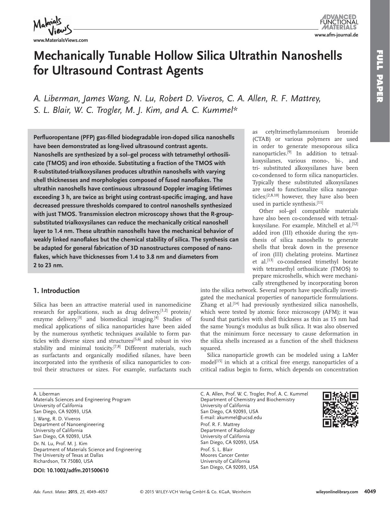 Mechanically Tunable Hollow Silica Ultrathin Nanoshells for Ultrasound Contrast Agents by Unknown