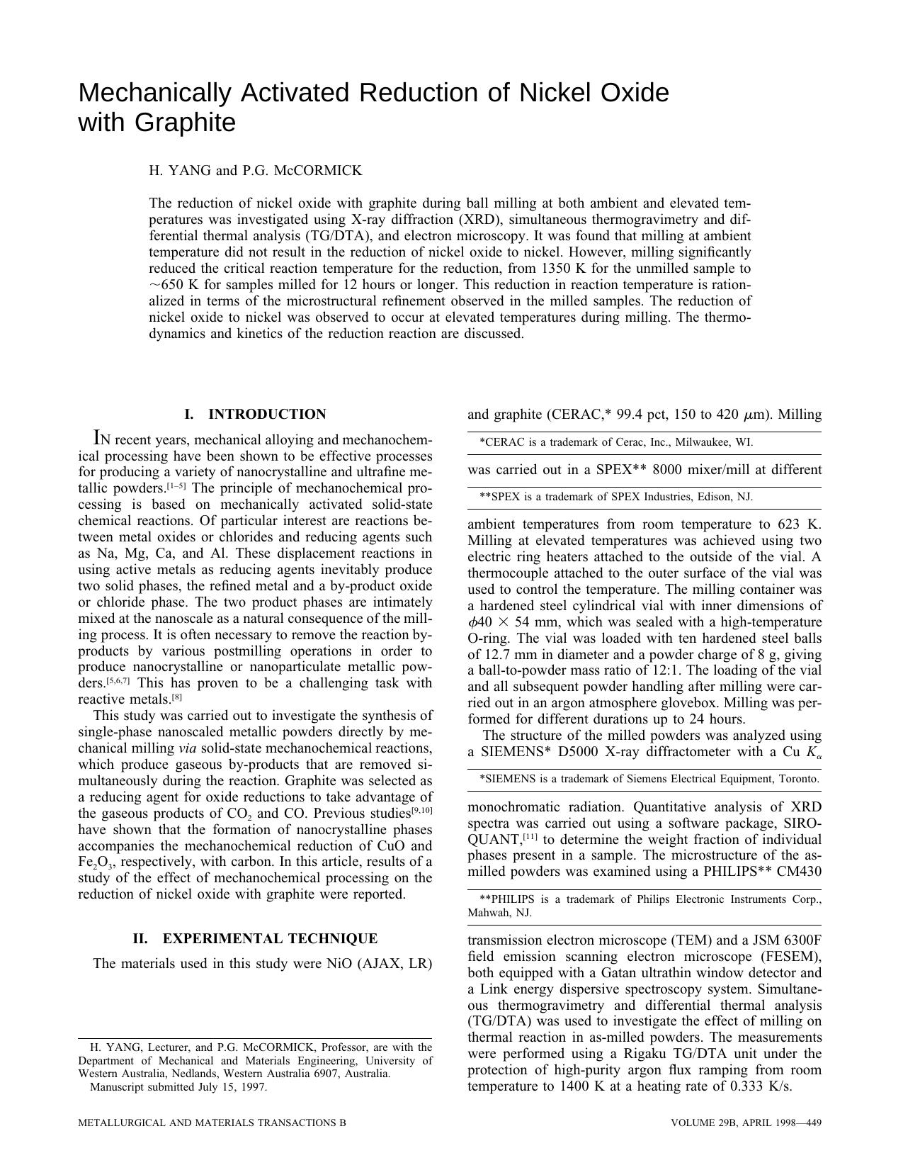 Mechanically activated reduction of nickel oxide with graphite by Unknown