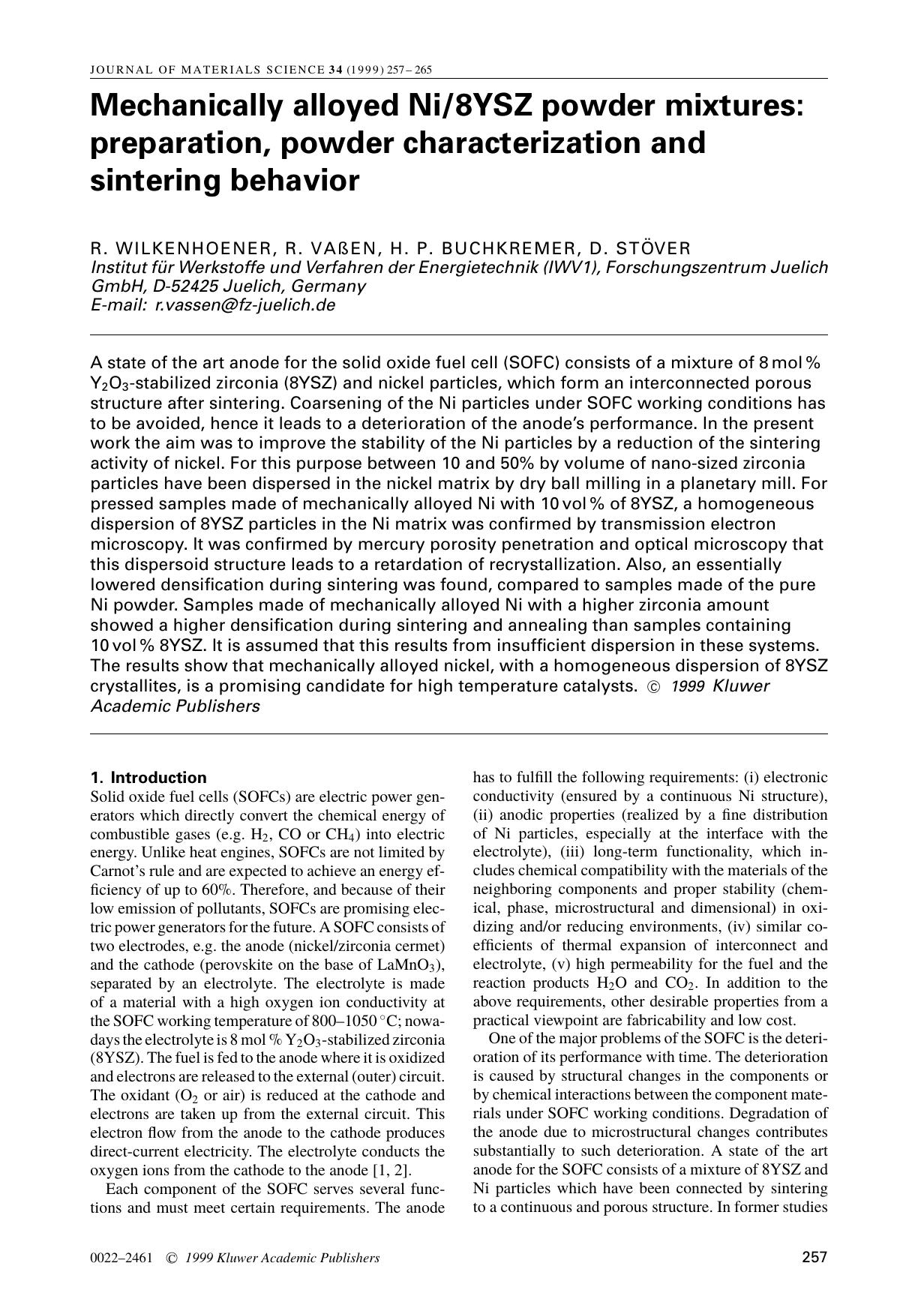 Mechanically alloyed Ni8YSZ powder mixtures: preparation, powder characterization and sintering behavior by Unknown