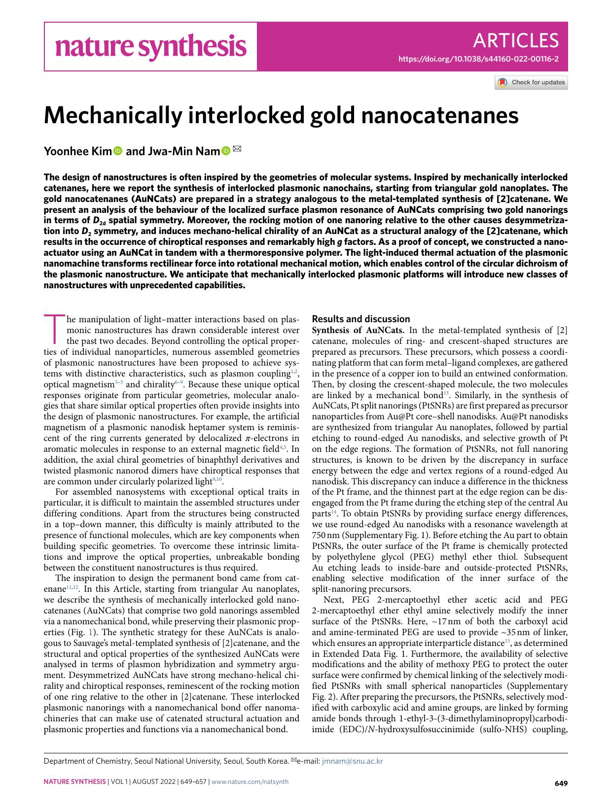 Mechanically interlocked gold nanocatenanes by Yoonhee Kim & Jwa-Min Nam