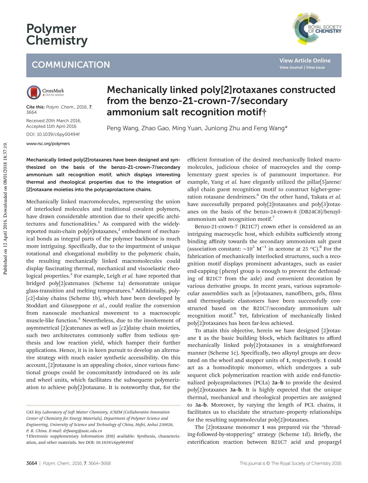 Mechanically linked poly[2]rotaxanes constructed from the benzo-21-crown-7secondary ammonium salt recognition motif by Peng Wang Zhao Gao Ming Yuan Junlong Zhu Feng Wang
