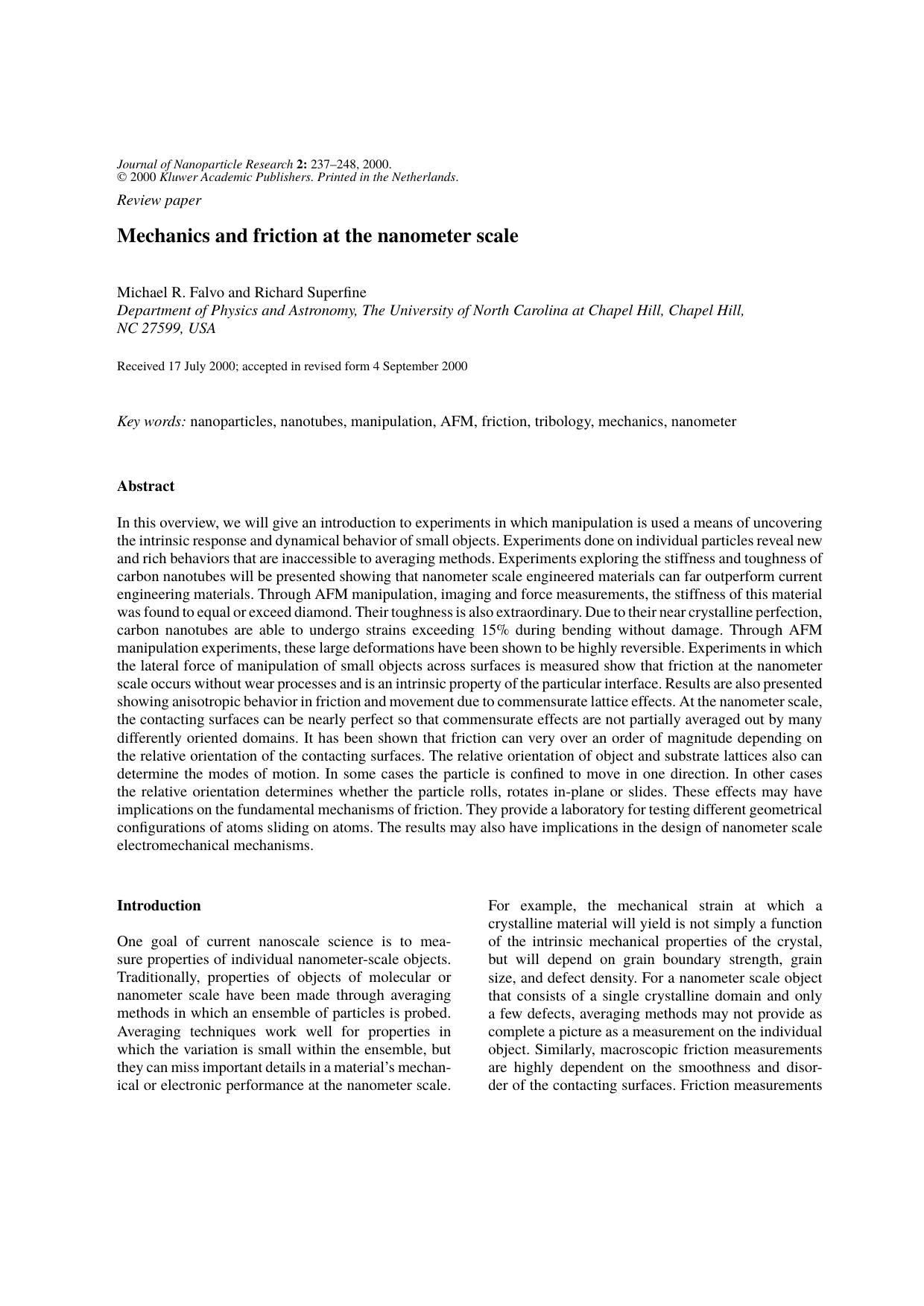 Mechanics and Friction at the Nanometer Scale by Unknown