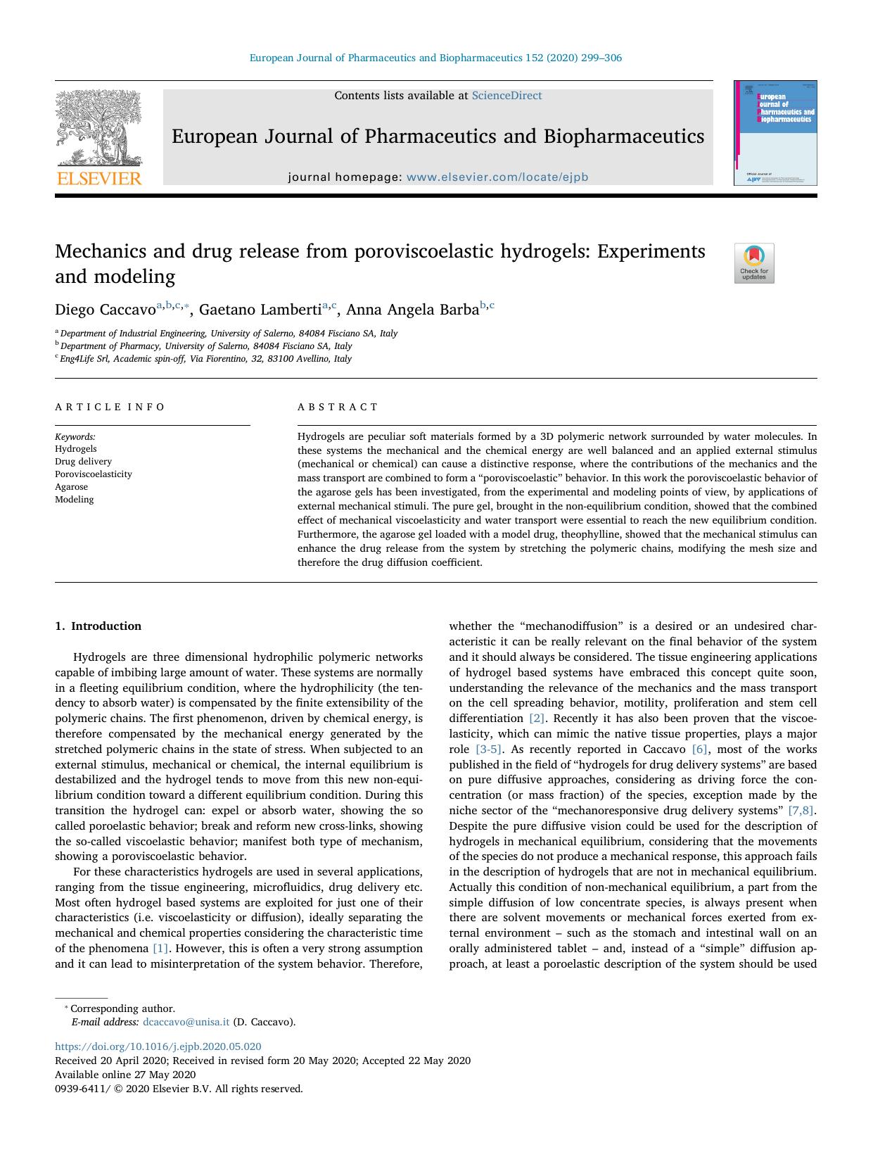 Mechanics and drug release from poroviscoelastic hydrogels_ Experiments and modeling by Diego Caccavo & Gaetano Lamberti & Anna Angela Barba