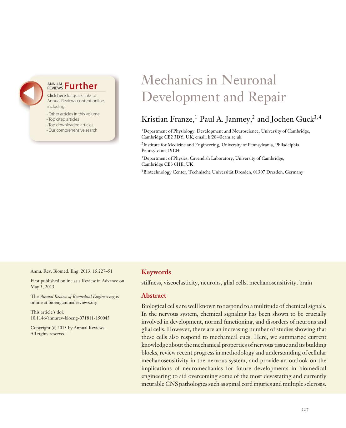 Mechanics in Neuronal Development and Repair by Kristian Franze Paul A. Janmey Jochen Guck