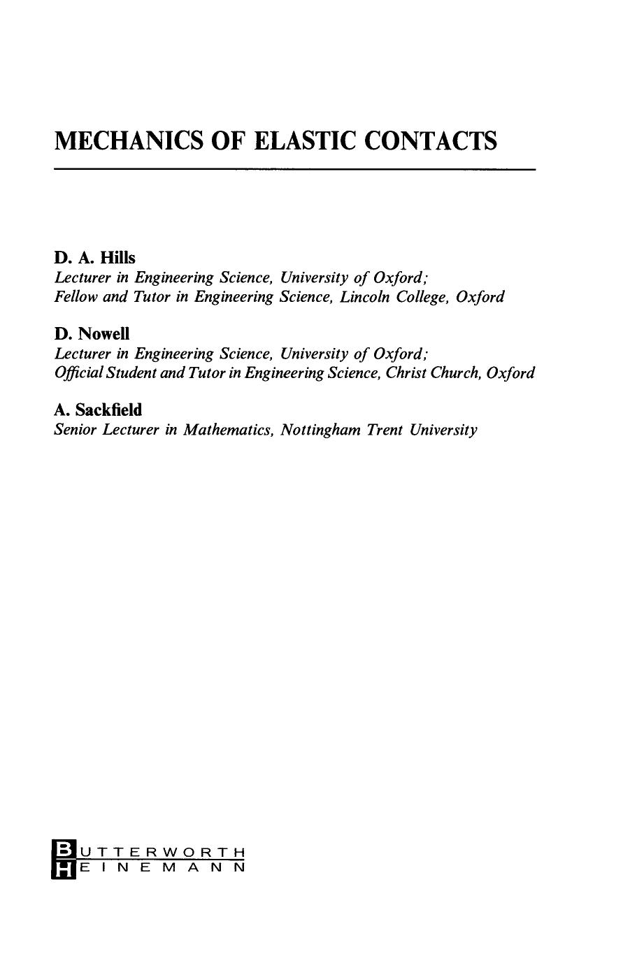 Mechanics of Elastic Contacts by A. Sackfield D A. Hills and D. Nowell (Auth.)