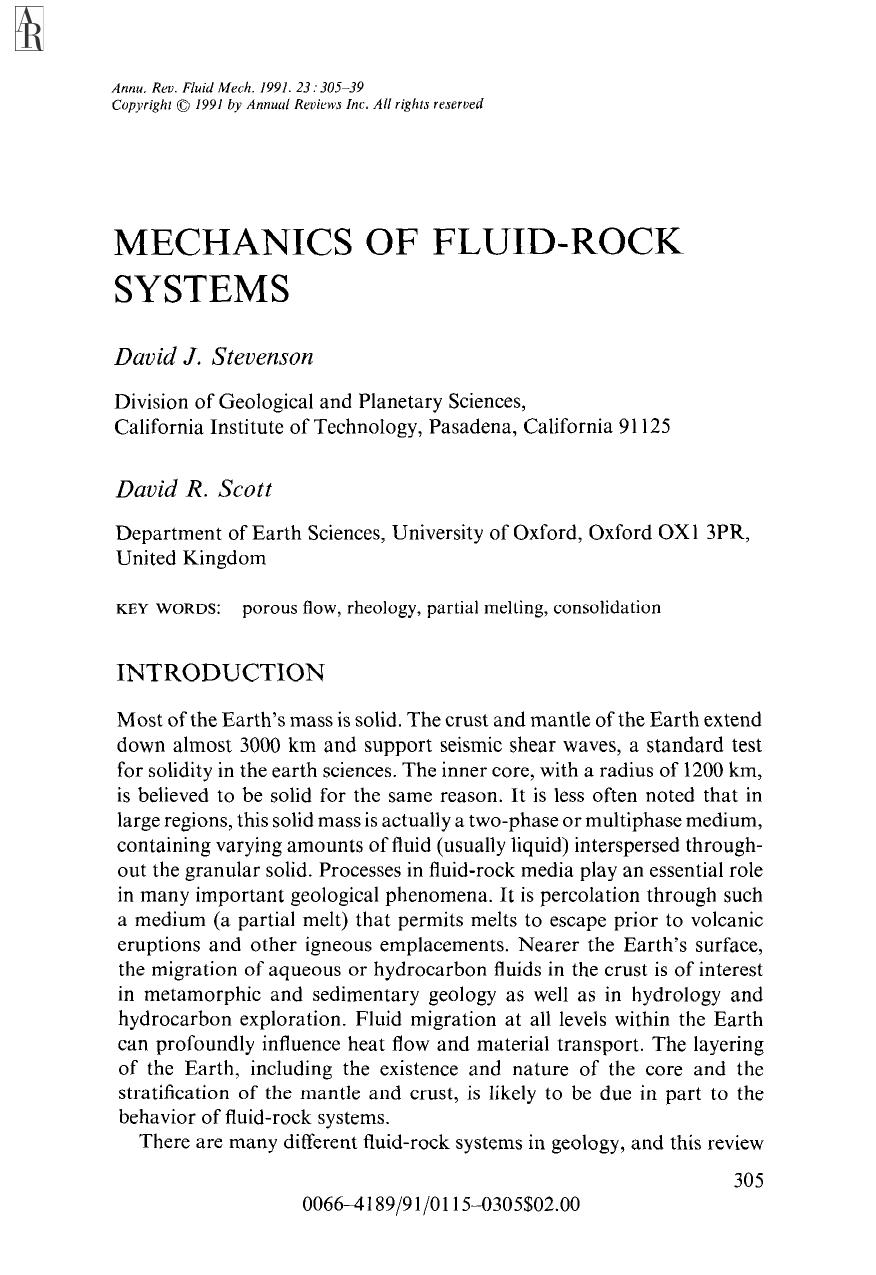 Mechanics of Fluid-Rock Systems by D J Stevenson and D R Scott