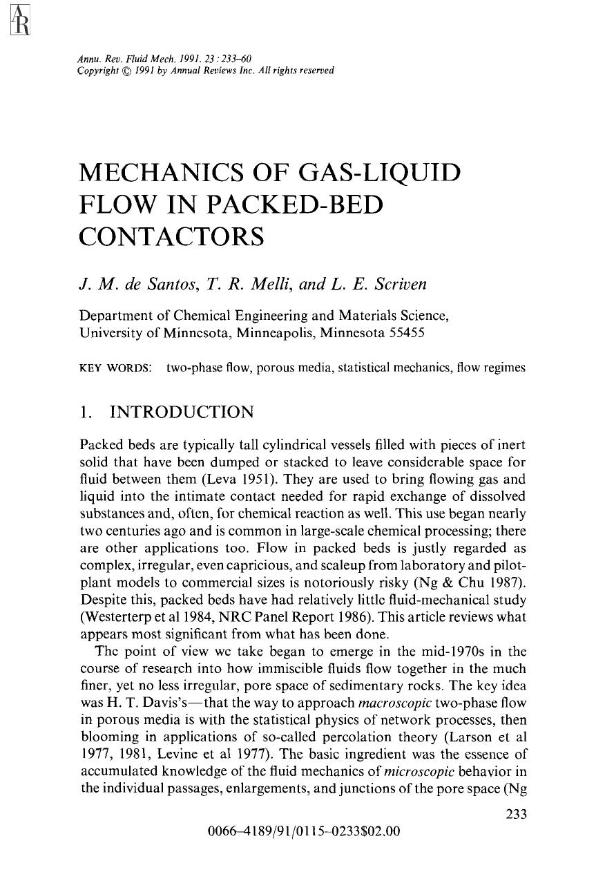Mechanics of Gas-Liquid Flow in Packed-Bed Contactors by J M Santos T R Melli and L E Scriven