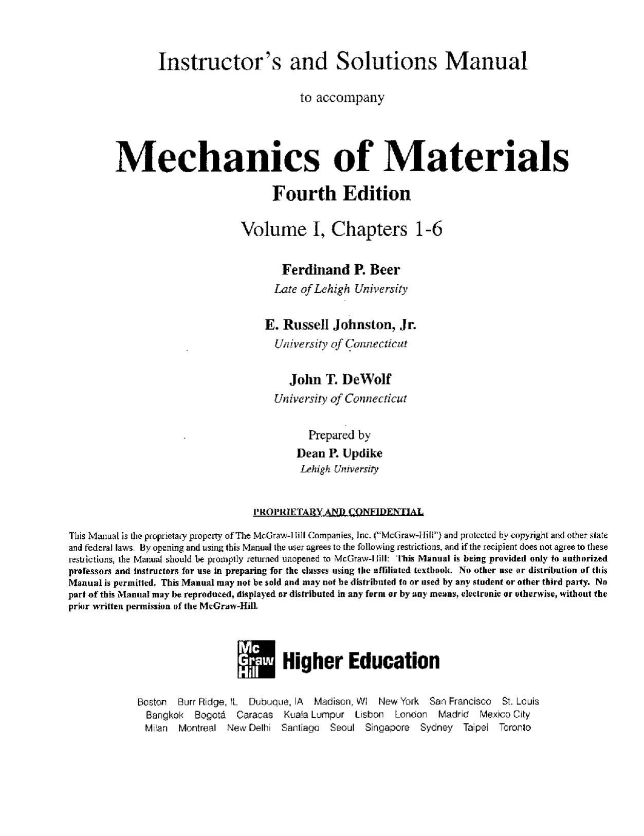 Mechanics of Materials. Instructor's and Solutions Manual by Beer F.P. Johnston E.R. DeWolf J.T. Mazurek D.F