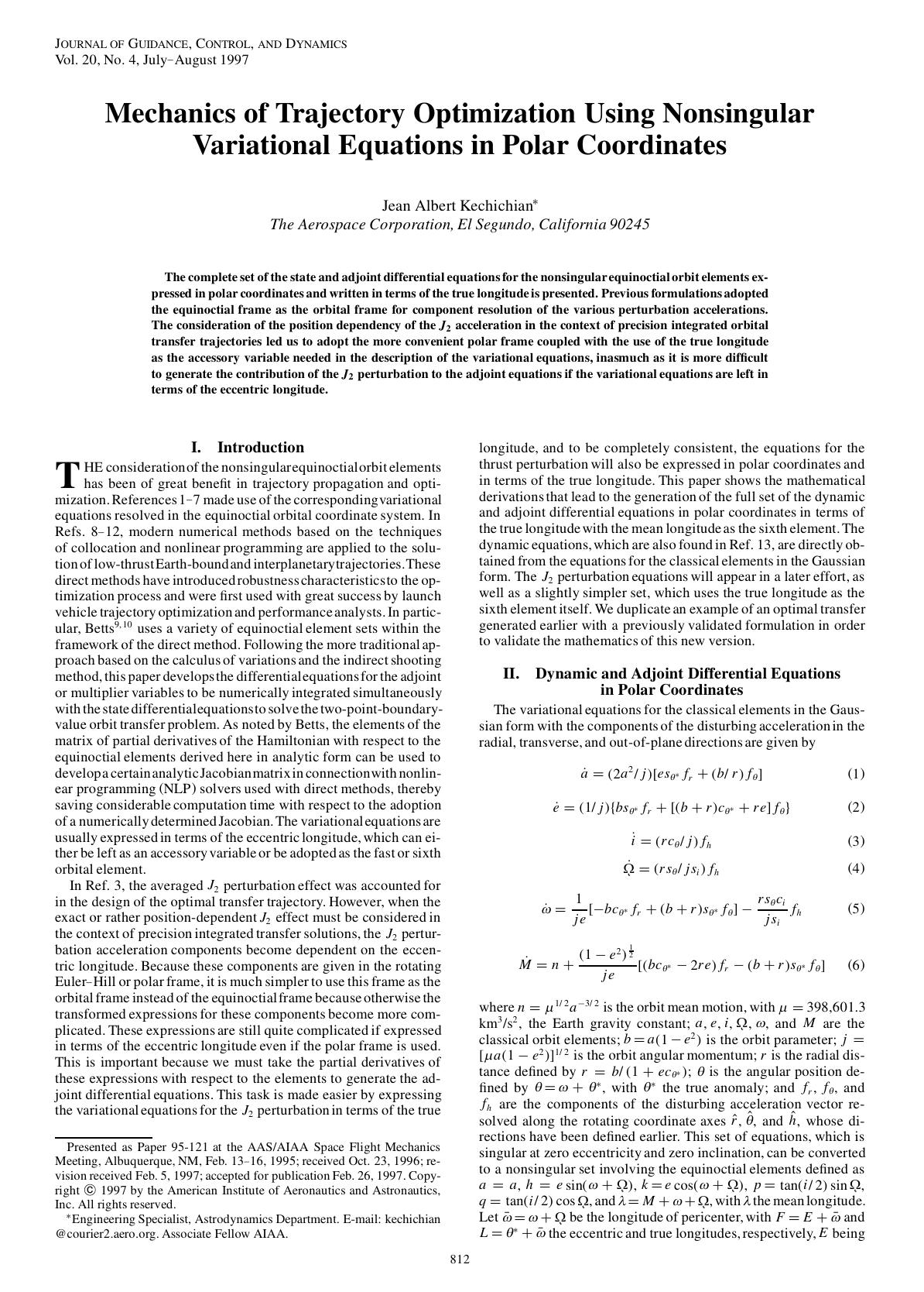 Mechanics of Trajectory Optimization Using Nonsingular Variational Equations in Polar Coordinates by Unknown
