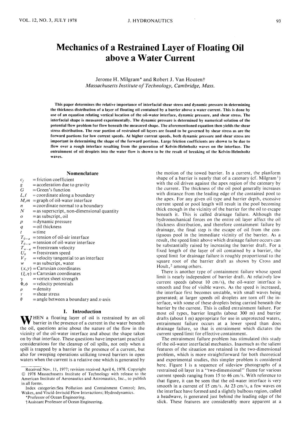 Mechanics of a Restrained Layer of Floating Oil above a Water Current by Unknown