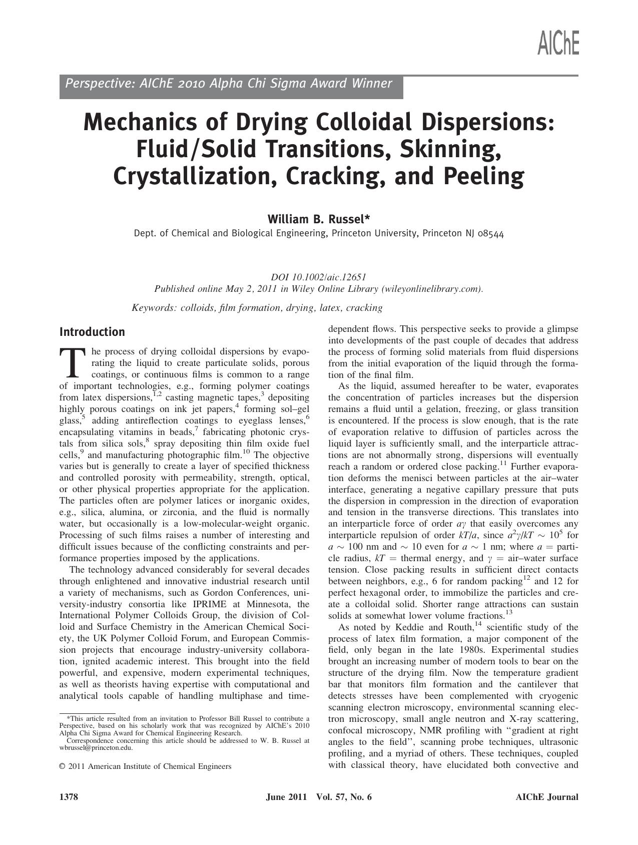 Mechanics of drying colloidal dispersions: Fluidsolid transitions, skinning, crystallization, cracking, and peeling by Unknown