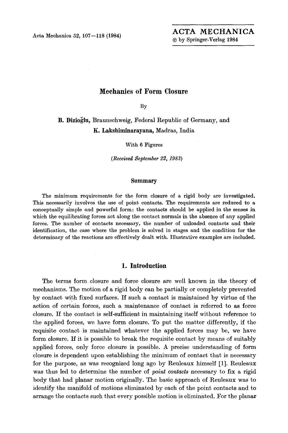 Mechanics of form closure by Unknown
