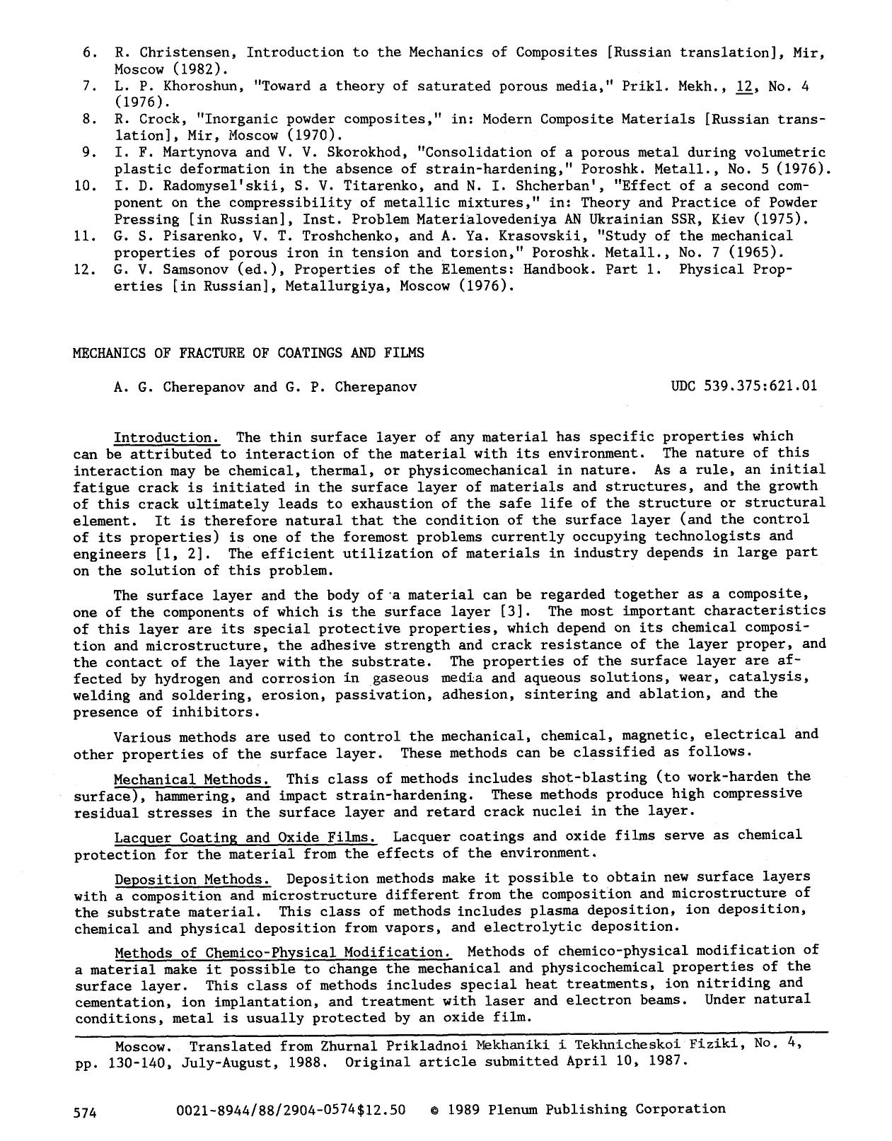Mechanics of fracture of coatings and films by Unknown