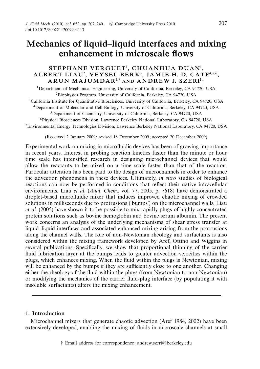 Mechanics of liquidâliquid interfaces and mixing enhancement in microscale flows by unknow