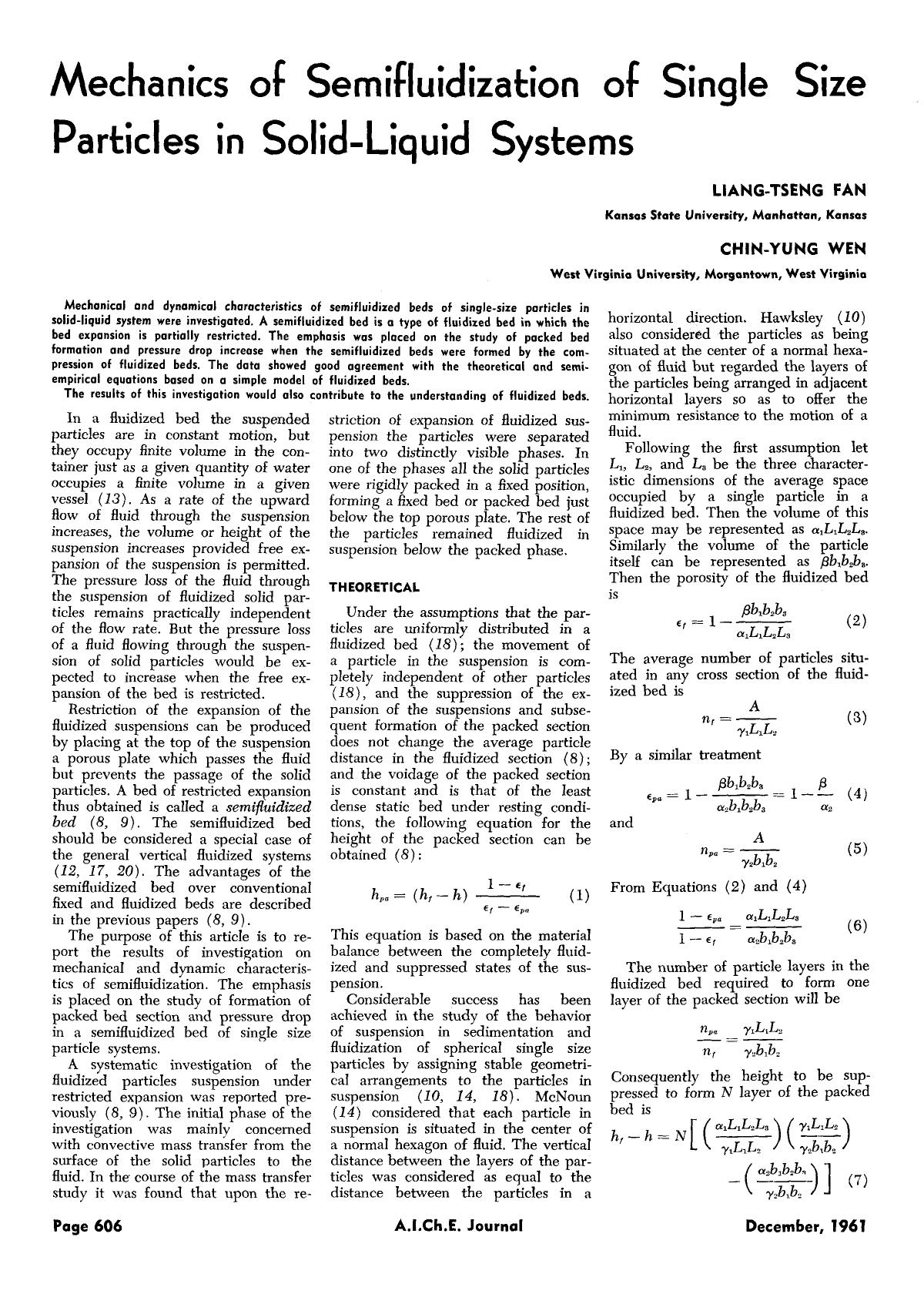 Mechanics of semifluidization of single size particles in solid-liquid systems by Unknown
