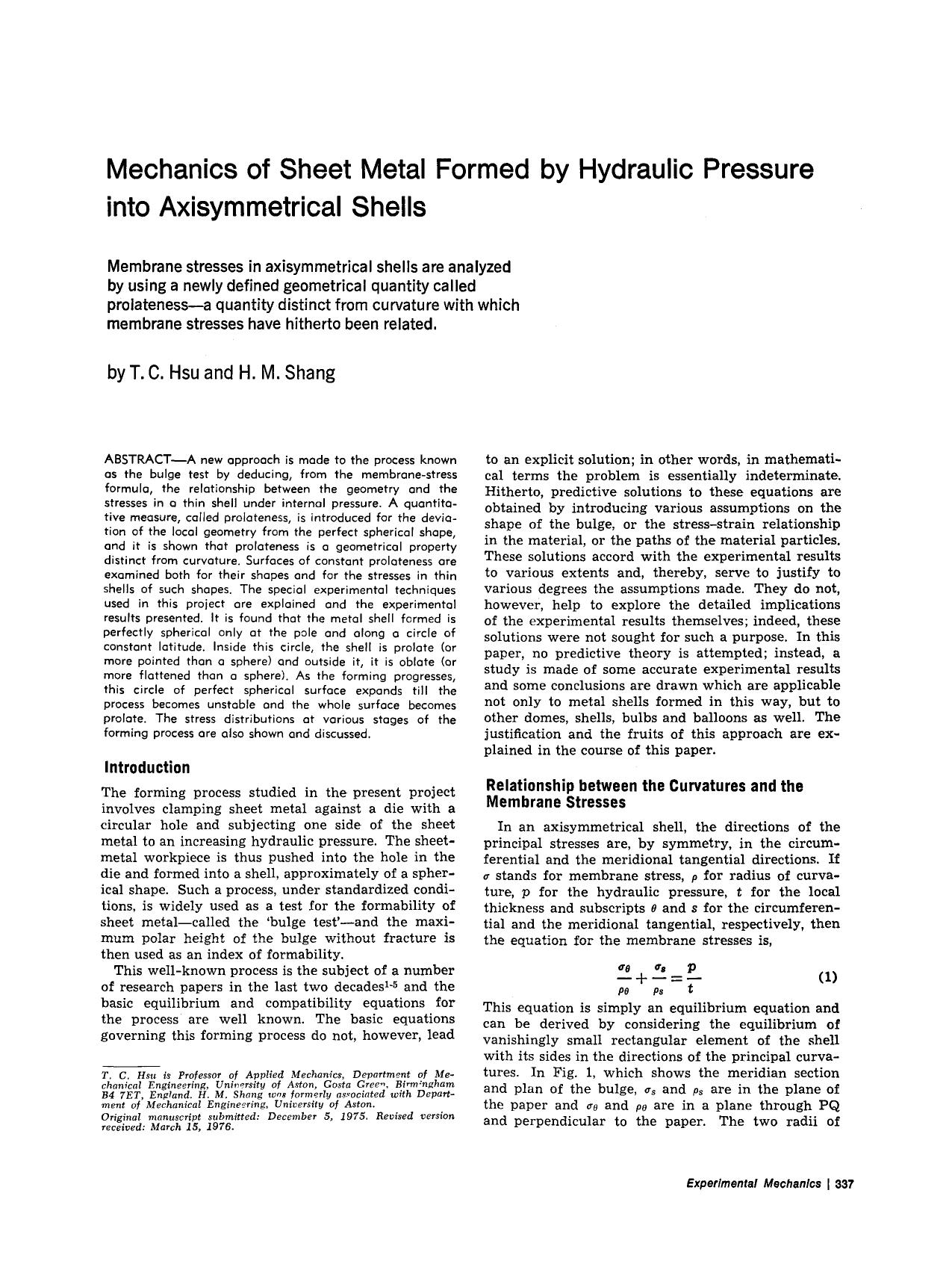 Mechanics of sheet metal formed by hydraulic pressure into axisymmetrical shells by Unknown