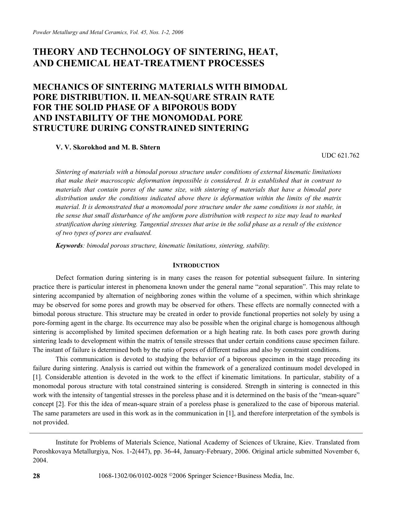 Mechanics of sintering materials with bimodal pore distribution. II. Mean-square strain rate for the solid phase of a biporous body and instability of the monomodal pore structure by Unknown