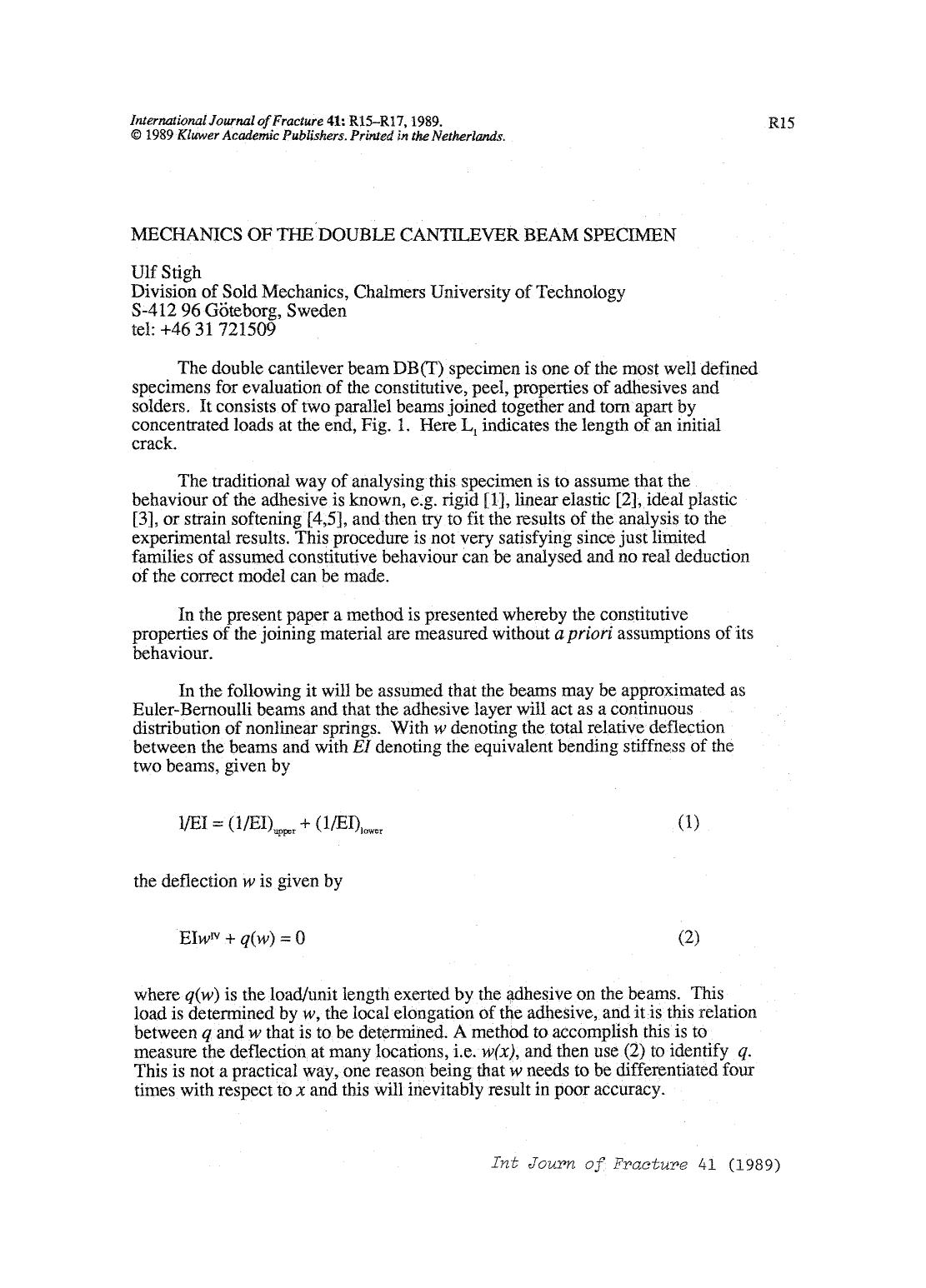 Mechanics of the double cantilever beam specimen by Unknown
