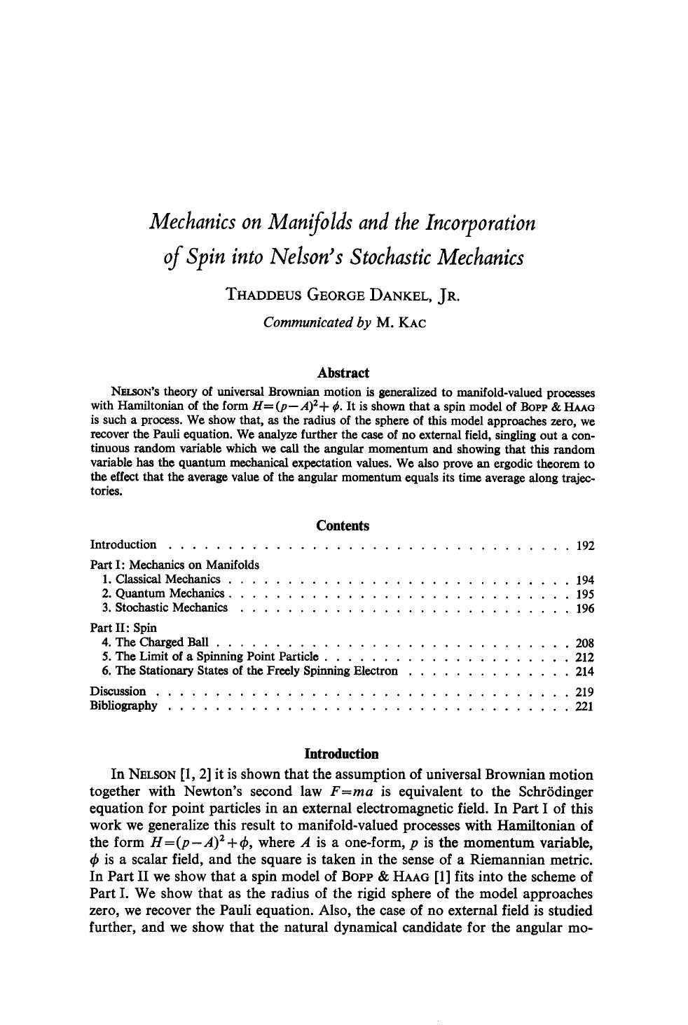 Mechanics on manifolds and the incorporation of spin into Nelson's Stochastic mechanics by Unknown