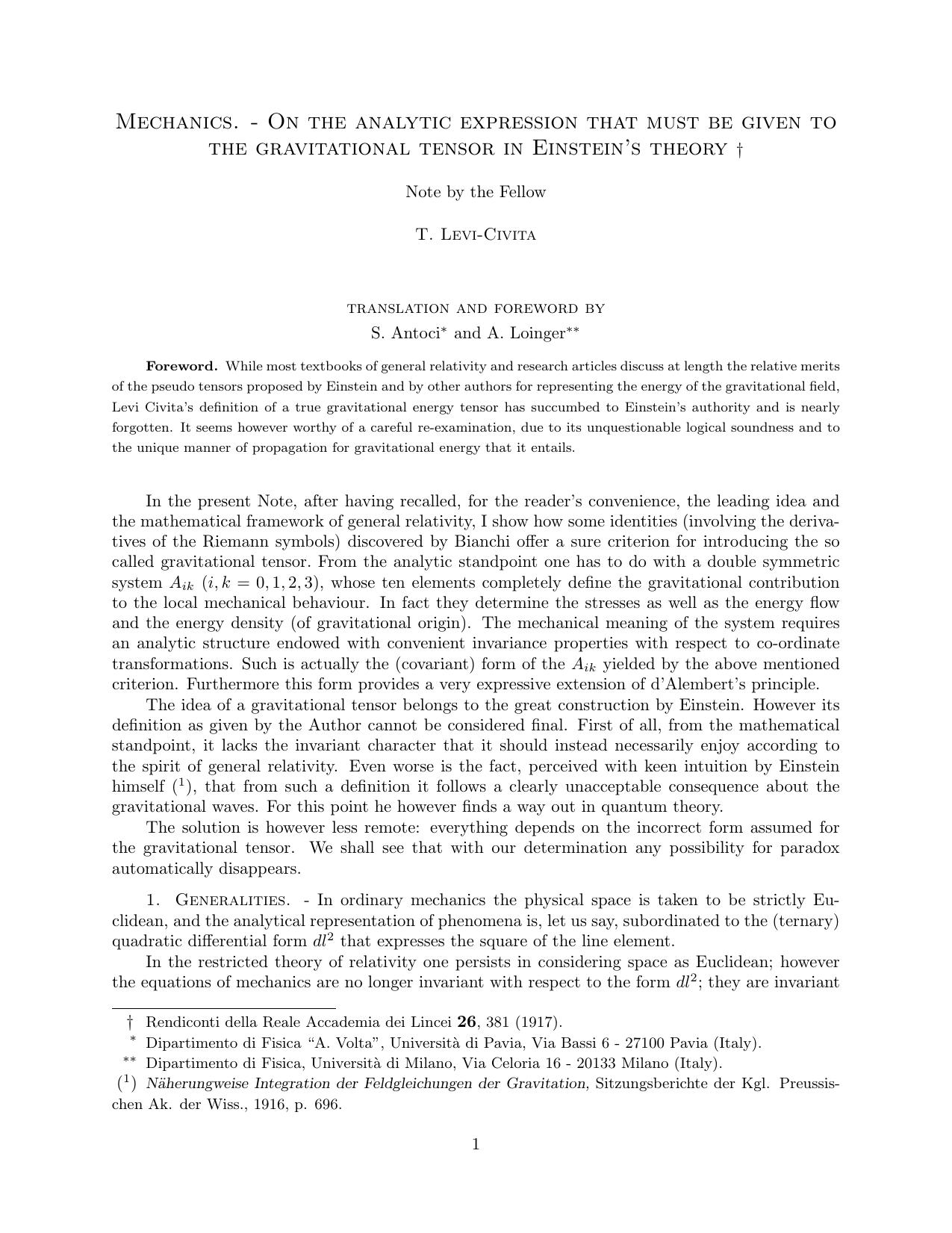 Mechanics. On the analytic expression that must be given to the gravitational tensor in Einstein’s theory by Levi-Civita T