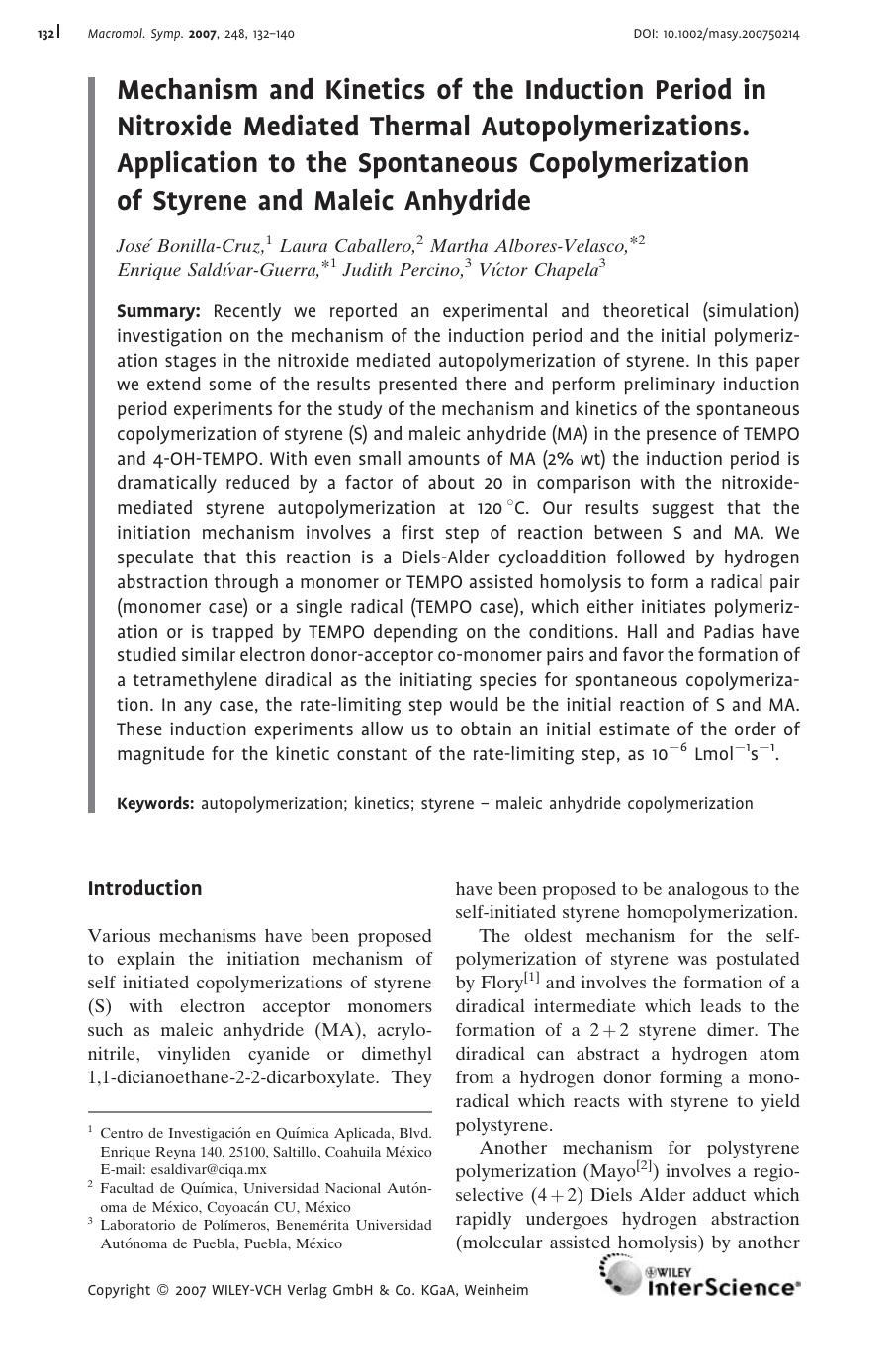 Mechanism and Kinetics of the Induction Period in Nitroxide Mediated Thermal Autopolymerizations. Application to the Spontaneous Copolymerization of Styrene and Maleic Anhydride by Unknown