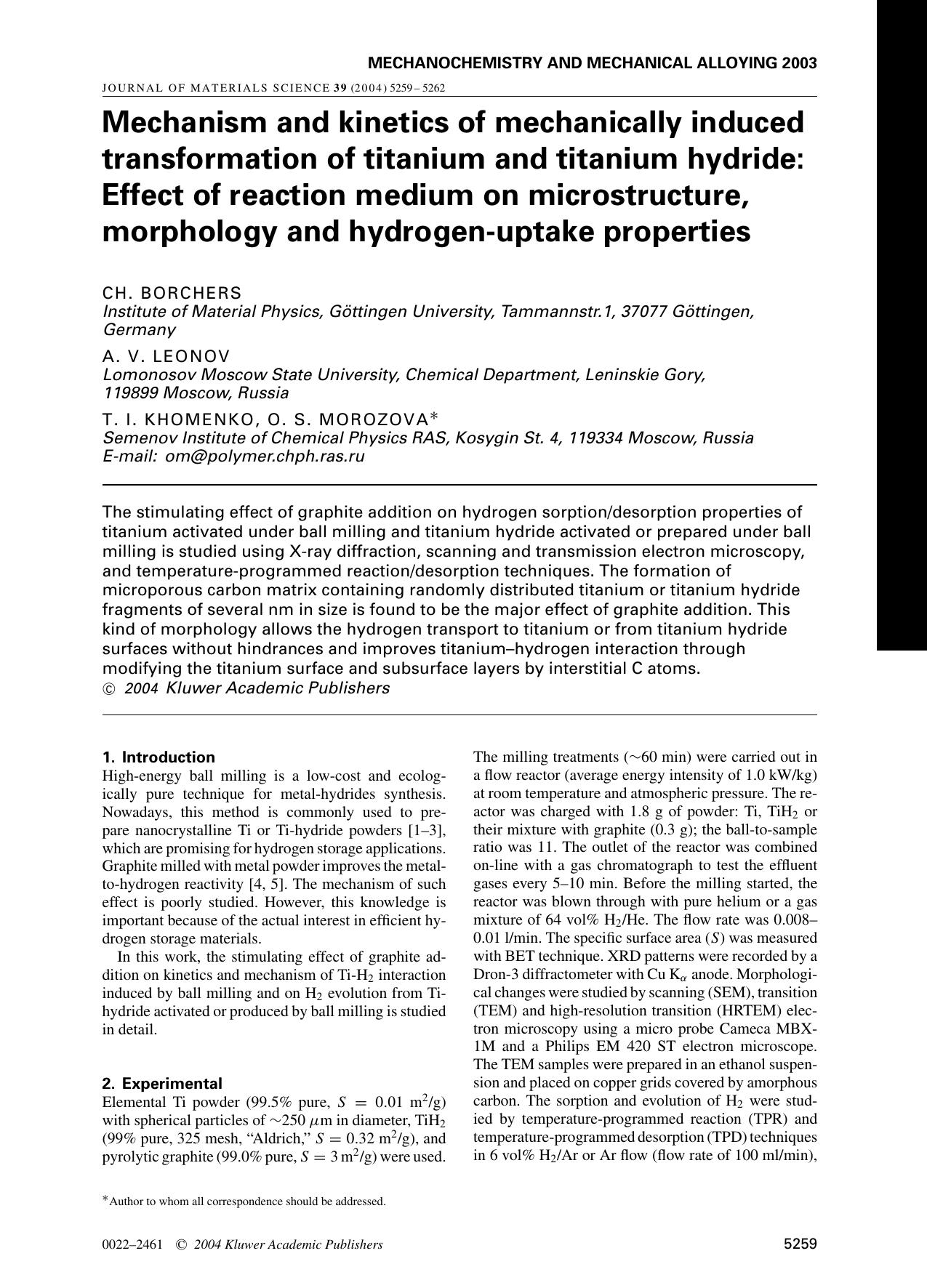 Mechanism and kinetics of mechanically induced transformation of titanium and titanium hydride: Effect of reaction medium on microstructure, morphology and hydrogen-uptake properties by Unknown