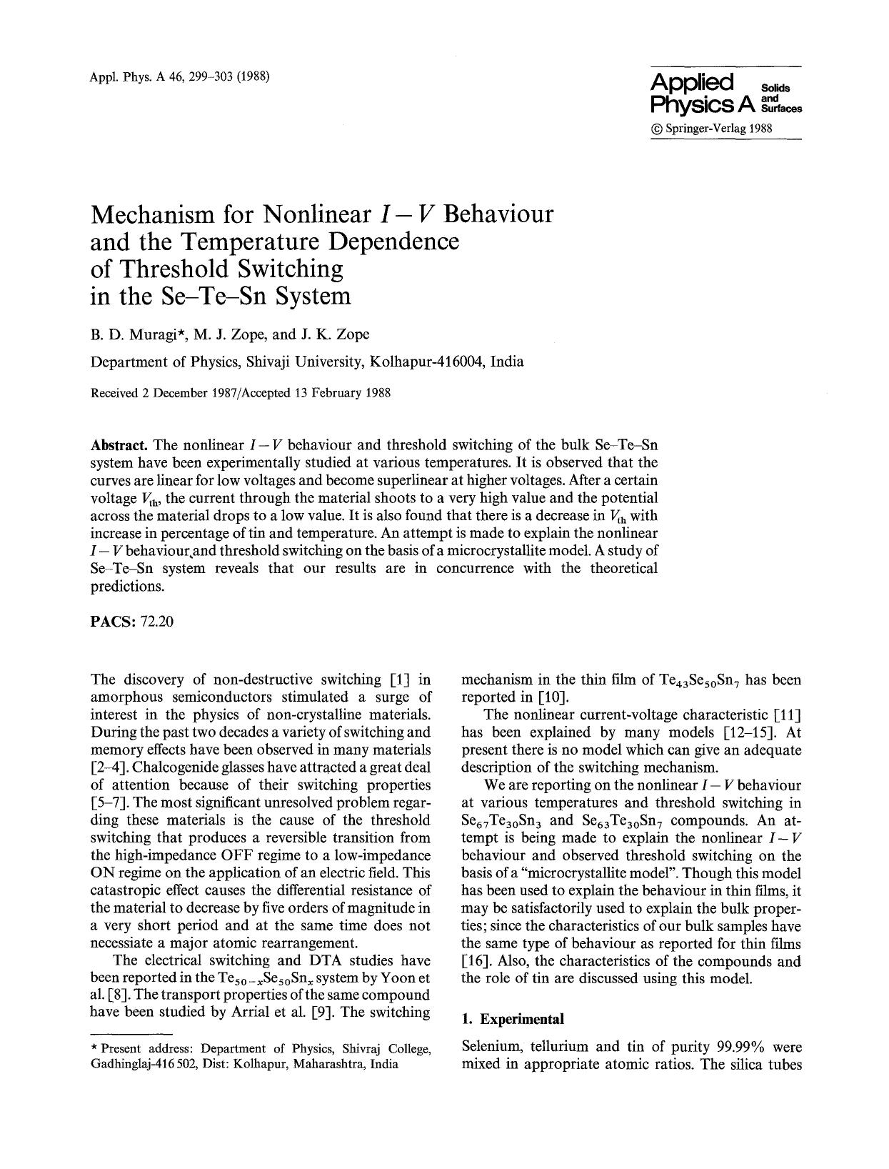 Mechanism for nonlinear <Emphasis Type="Italic">I-V <Emphasis> behaviour and the temperature dependence of threshold switching in the Se-Te-Sn system by Unknown