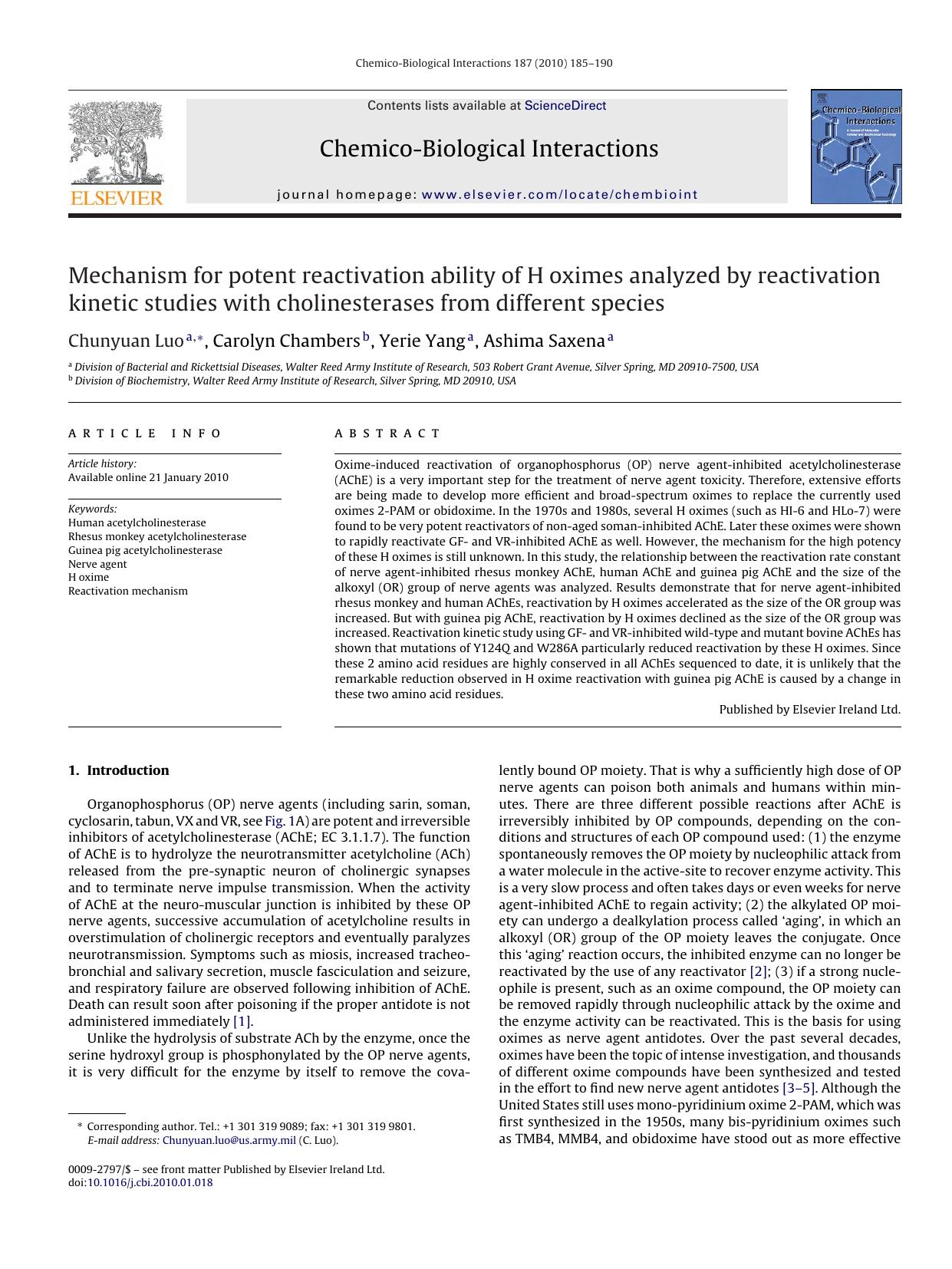Mechanism for potent reactivation ability of H oximes analyzed by reactivation kinetic studies with cholinesterases from different species by Chunyuan Luo
