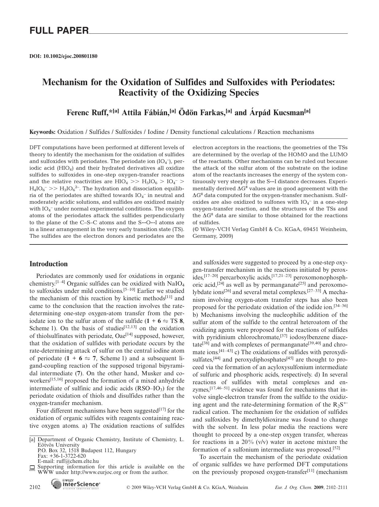 Mechanism for the Oxidation of Sulfides and Sulfoxides with Periodates: Reactivity of the Oxidizing Species by Unknown