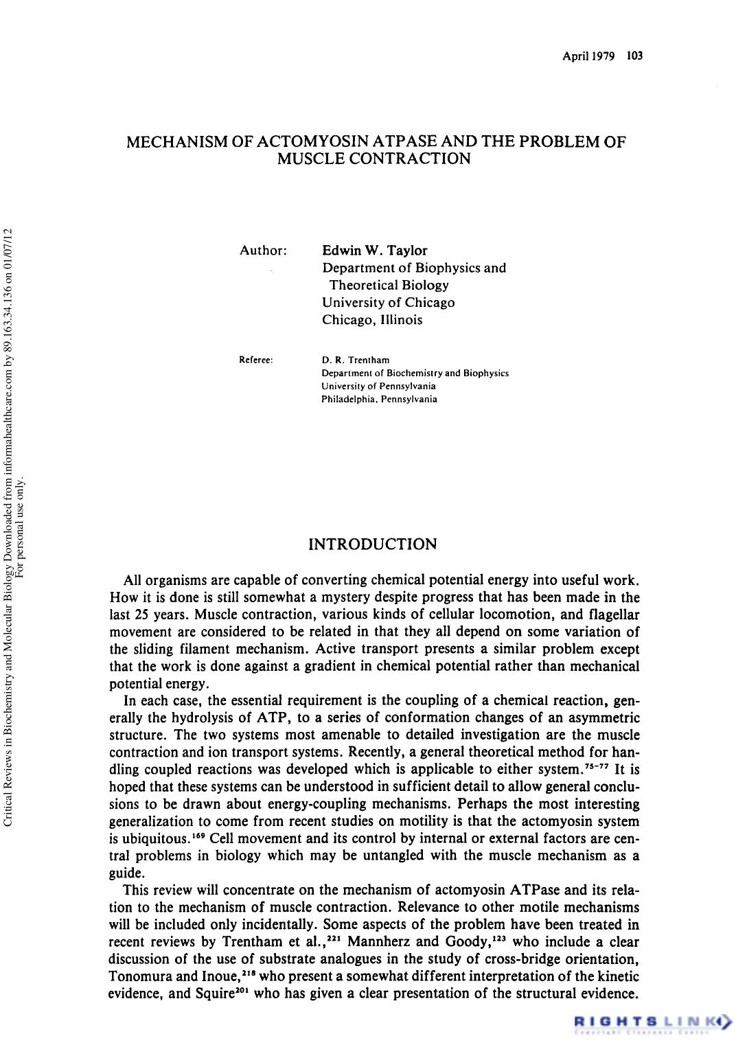 Mechanism of Actomyosin Atpase and the Problem of Muscle Contractio by Edwin W. Taylor & D. R. Trenlham