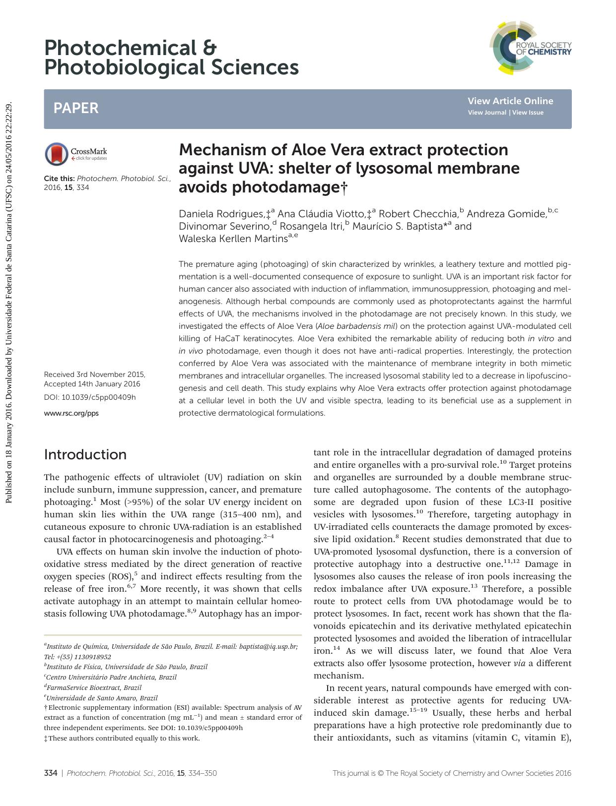 Mechanism of Aloe Vera extract protection against UVA: shelter of lysosomal membrane avoids photodamage by unknow