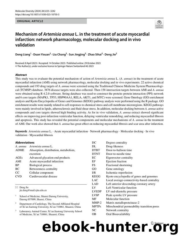 Mechanism of Artemisia annua L. in the treatment of acute myocardial infarction: network pharmacology, molecular docking and in vivo validation by Deng Liang & Duan Yixuan & Liu Chang & Sun Jingjing & Zhao Sihai & Deng Jie
