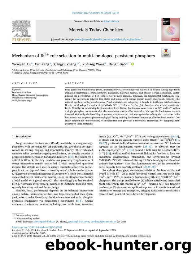 Mechanism of Bi3+ role selection in multi-ion-doped persistent phosphors by Wenqian Xu & Xue Yang & Xiangyu Zhang & Yuqiang Wang & Dangli Gao