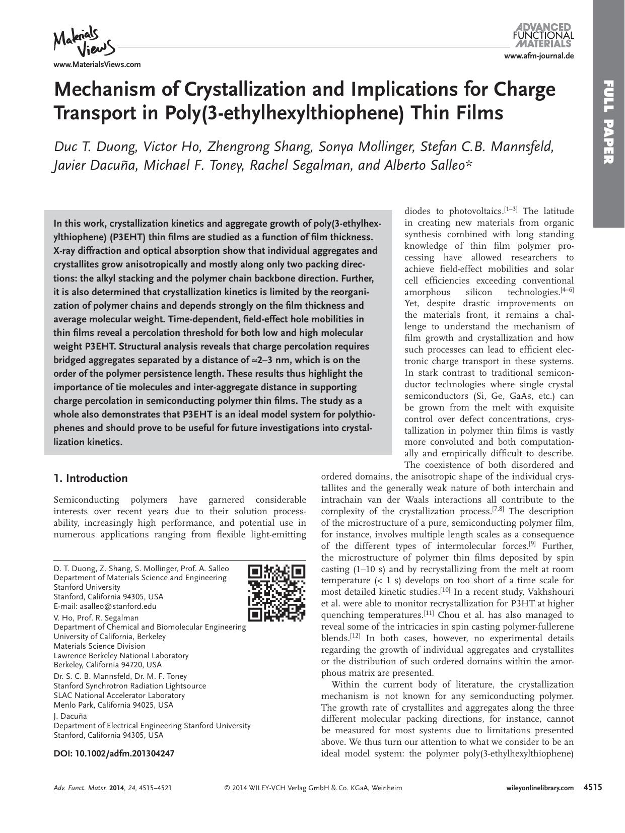 Mechanism of Crystallization and Implications for Charge Transport in Poly(3ethylhexylthiophene) Thin Films by processteam