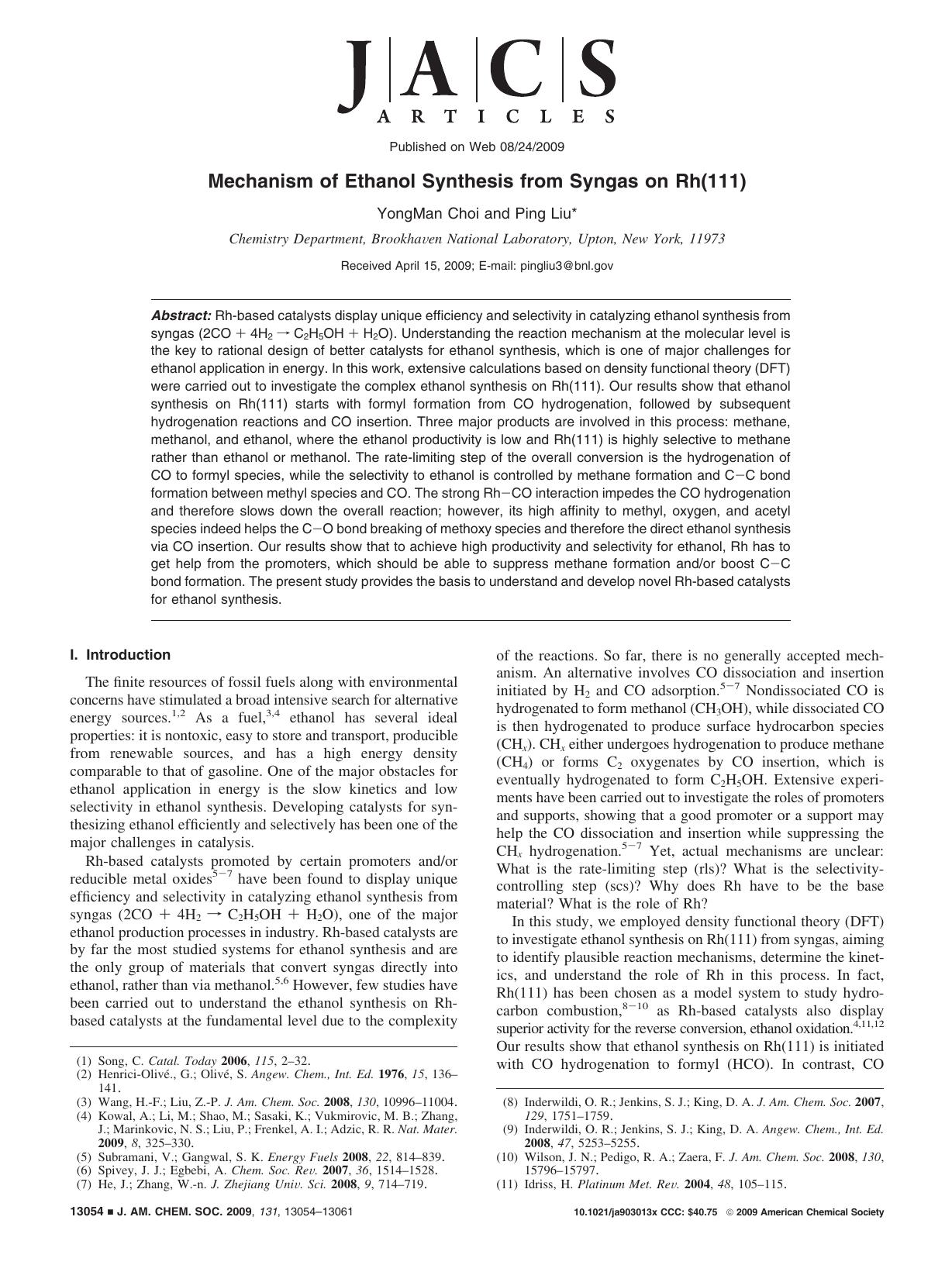 Mechanism of Ethanol Synthesis from Syngas on Rh(111) by YongMan Choi and Ping Liu*