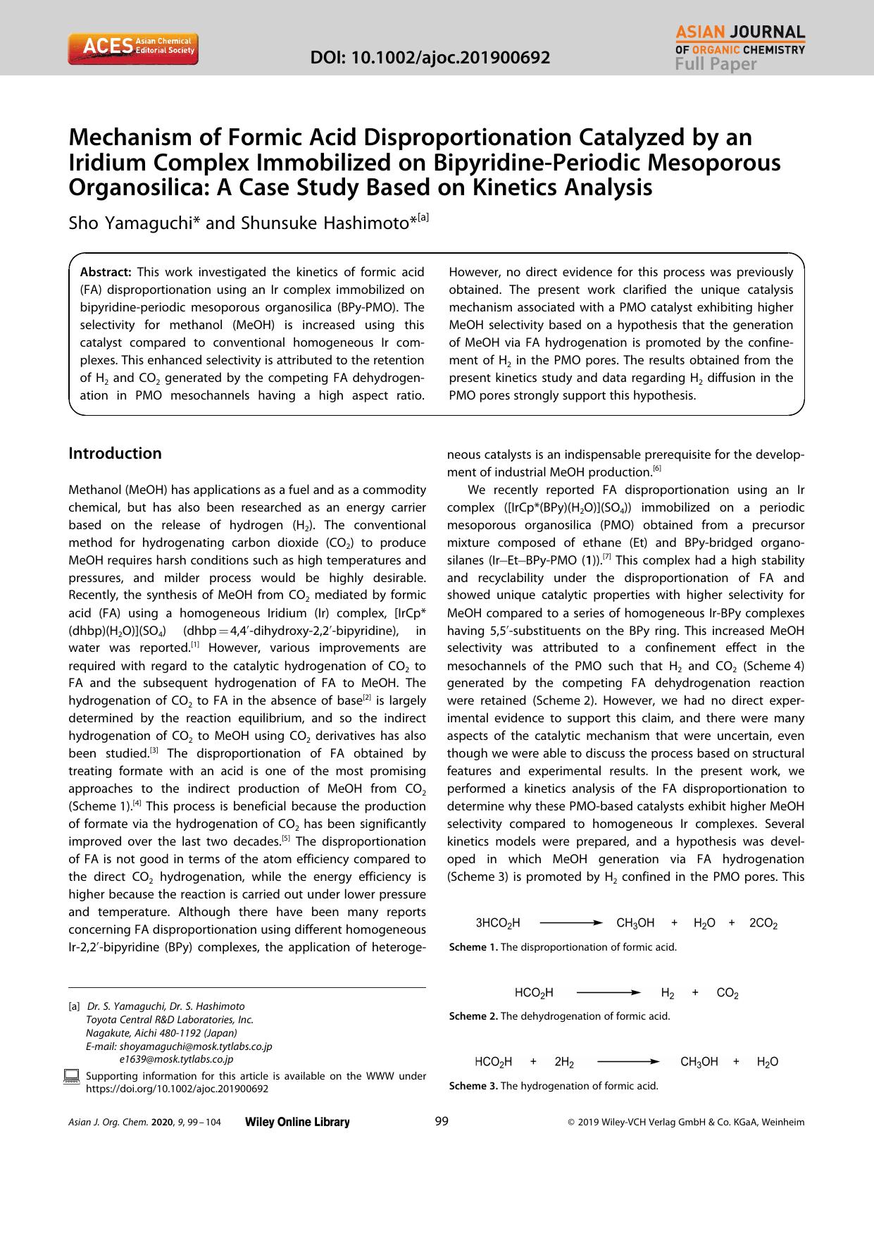Mechanism of Formic Acid Disproportionation Catalyzed by an Iridium Complex Immobilized on BipyridineâPeriodic Mesoporous Organosilica: A Case Study Based on Kinetics Analysis by Unknown