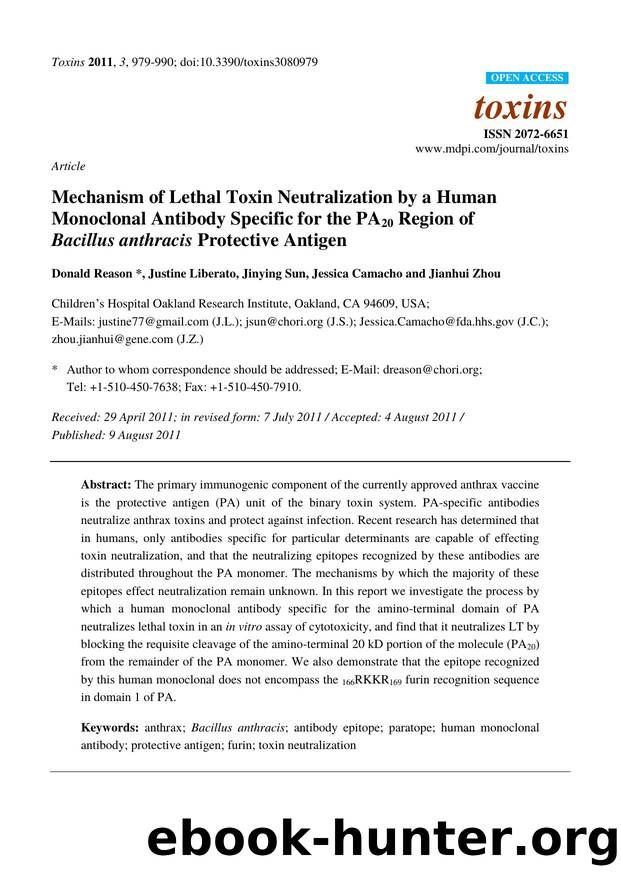 Mechanism of Lethal Toxin Neutralization by a Human Monoclonal Antibody Specific for the PA20 Region of Bacillus anthracis Protective Antigen by Donald Reason * & Justine Liberato & Jinying Sun & Jessica Camacho and Jianhui Zhou