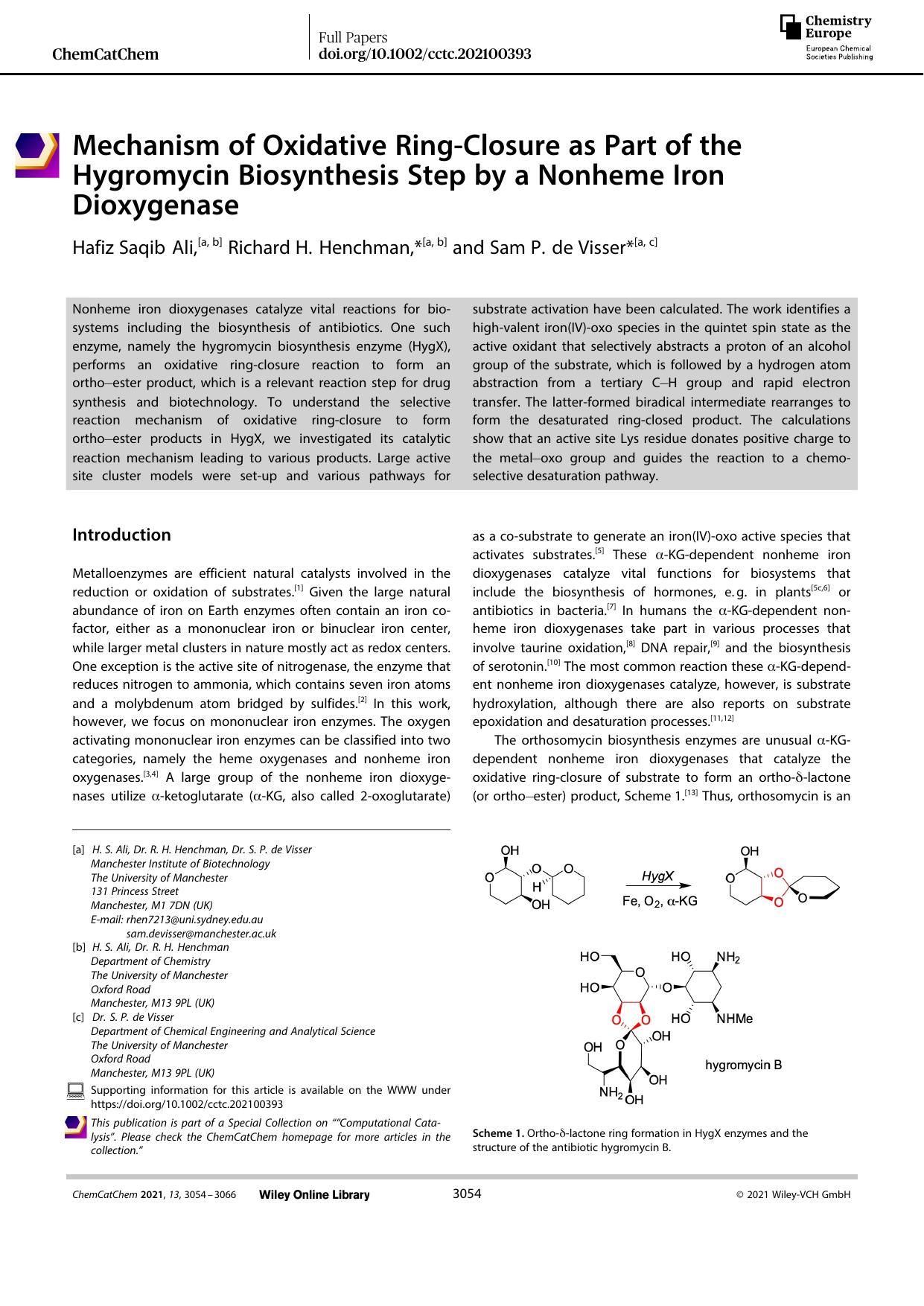 Mechanism of Oxidative RingâClosure as Part of the Hygromycin Biosynthesis Step by a Nonheme Iron Dioxygenase by Unknown