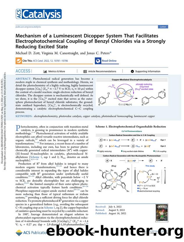 Mechanism of a Luminescent Dicopper System That Facilitates Electrophotochemical Coupling of Benzyl Chlorides via a Strongly Reducing Excited State by Michael D. Zott Virginia M. Canestraight & Jonas C. Peters