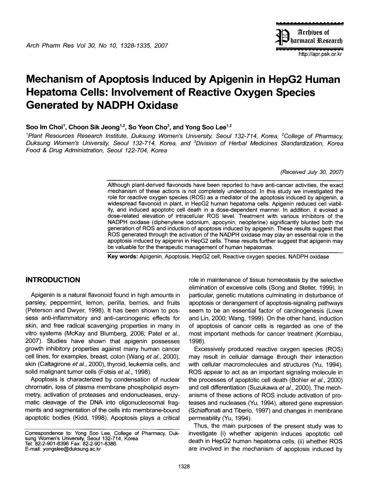 Mechanism of apoptosis induced by apigenin in hepg2 human hepatoma cells: involvement of reactive oxygen species generated by NADPH oxidase by Unknown