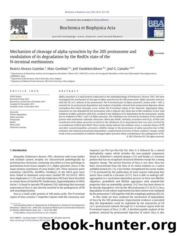 Mechanism of cleavage of alpha-synuclein by the 20S proteasome and modulation of its degradation by the RedOx state of the N-terminal methionines by Beatriz Alvarez-Castelao & Marc Goethals & Joël Vandekerckhove & José G. Castaño