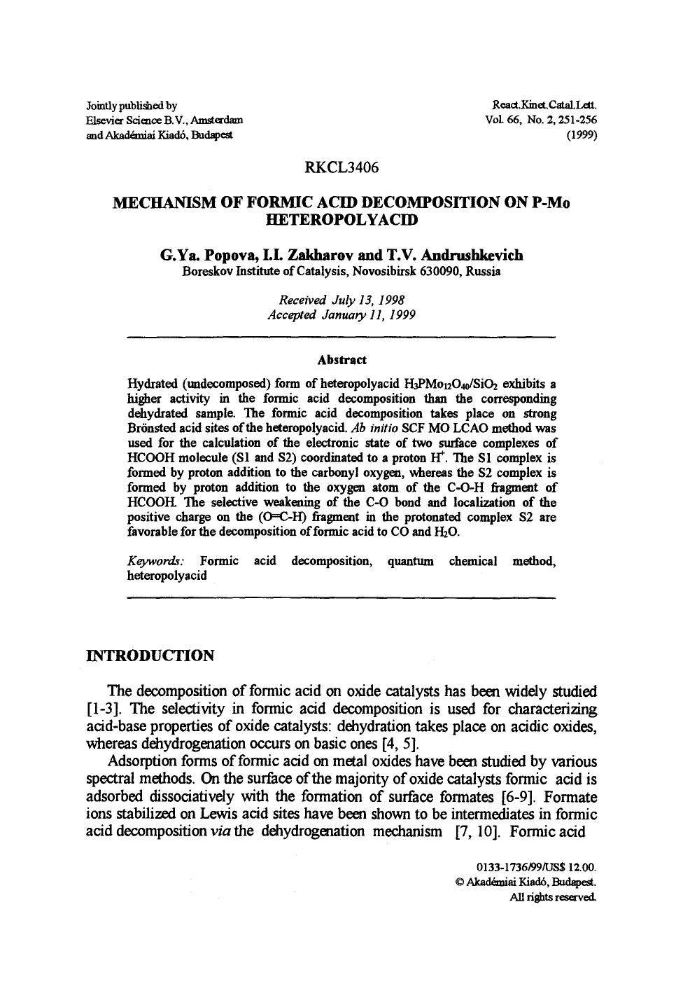 Mechanism of formic acid decomposition on P&#x2212;Mo heteropolyacid by Unknown
