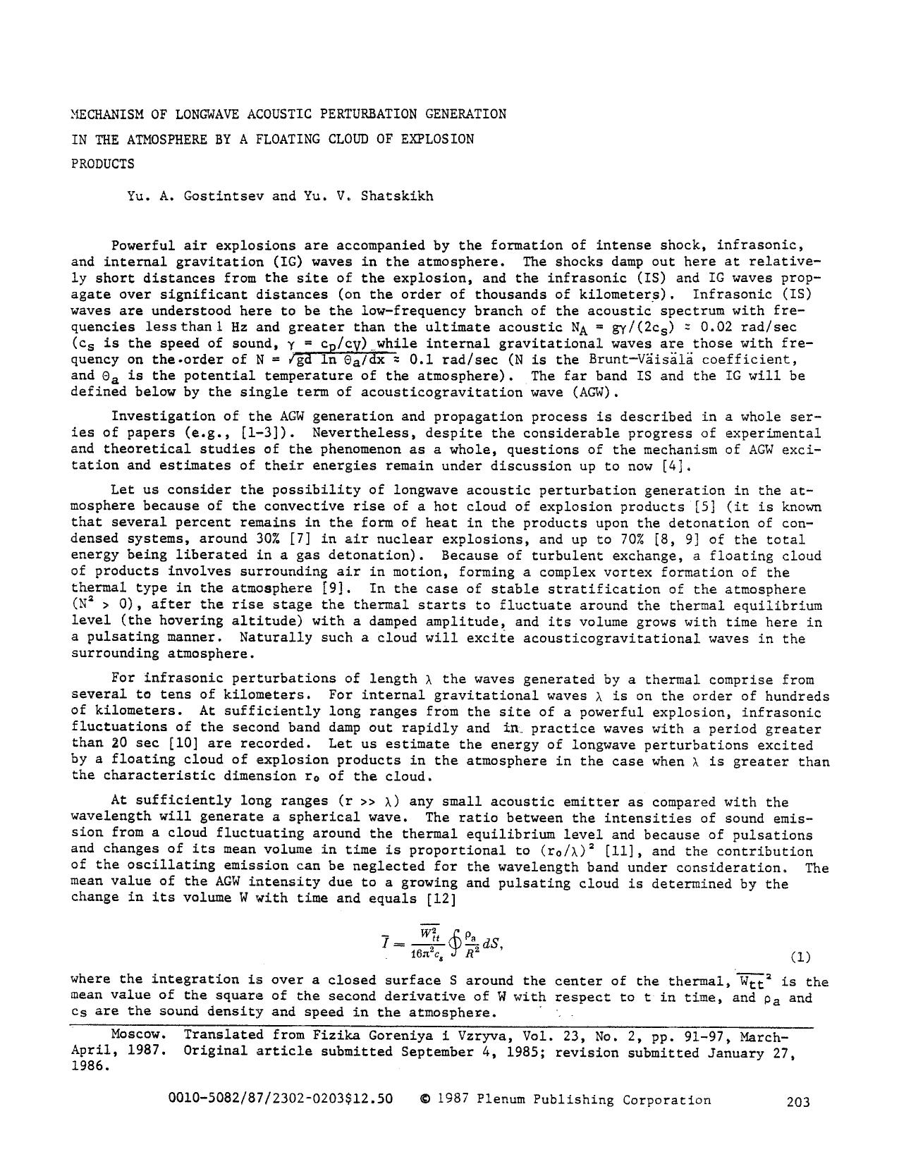 Mechanism of longwave acoustic perturbation generation in the atmosphere by a floating cloud of explosion products by Unknown