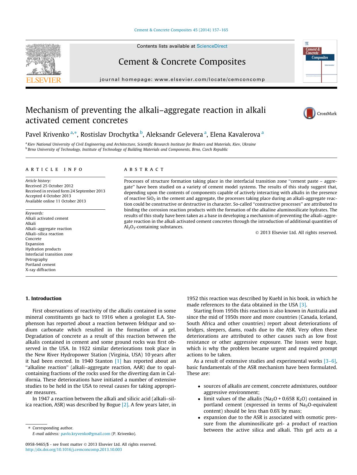 Mechanism of preventing the alkaliâaggregate reaction in alkali activated cement concretes by Pavel Krivenko & Rostislav Drochytka & Aleksandr Gelevera & Elena Kavalerova