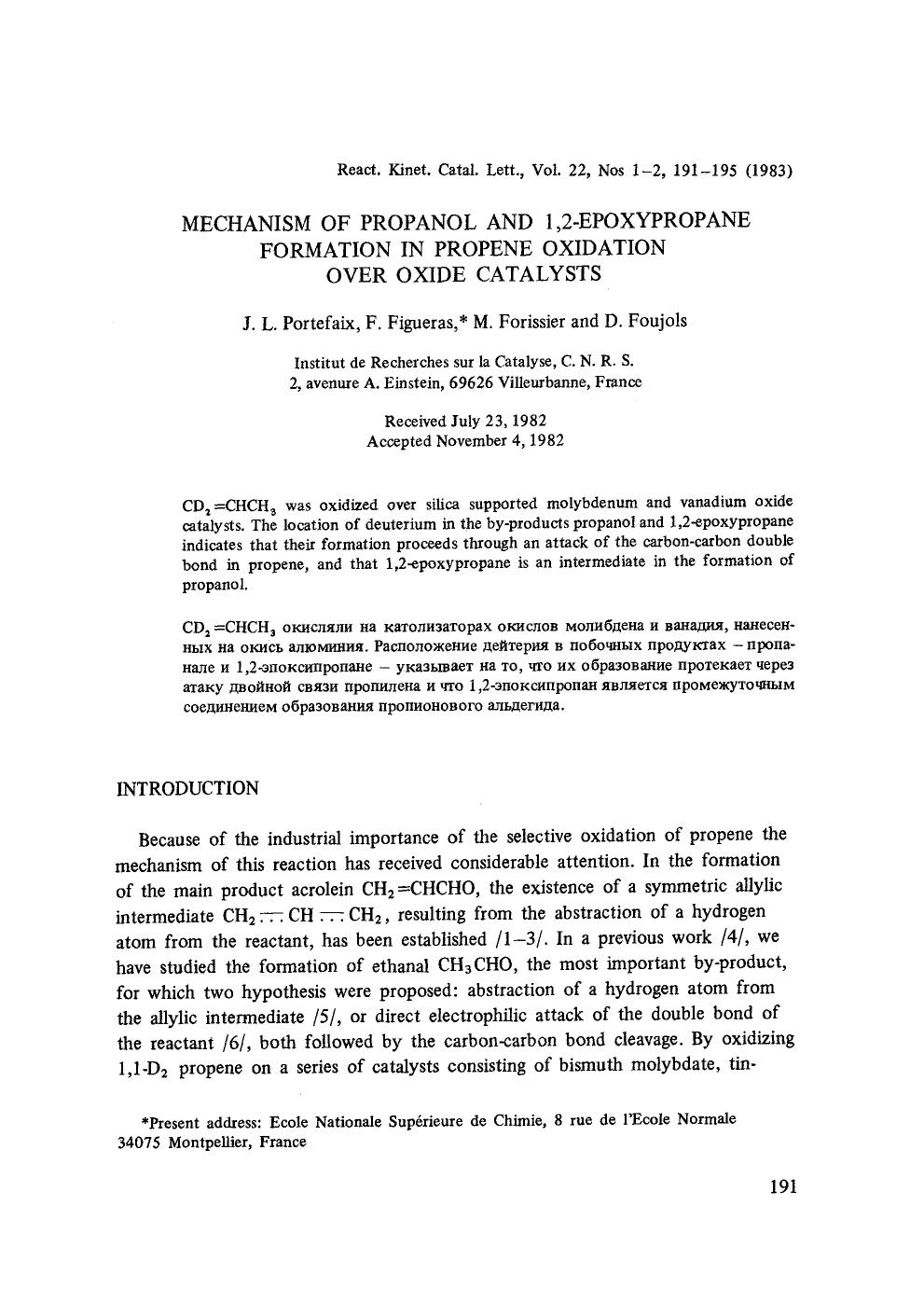 Mechanism of propanol and 1,2-epoxypropane formation in propene oxidation over oxide catalysts by Unknown