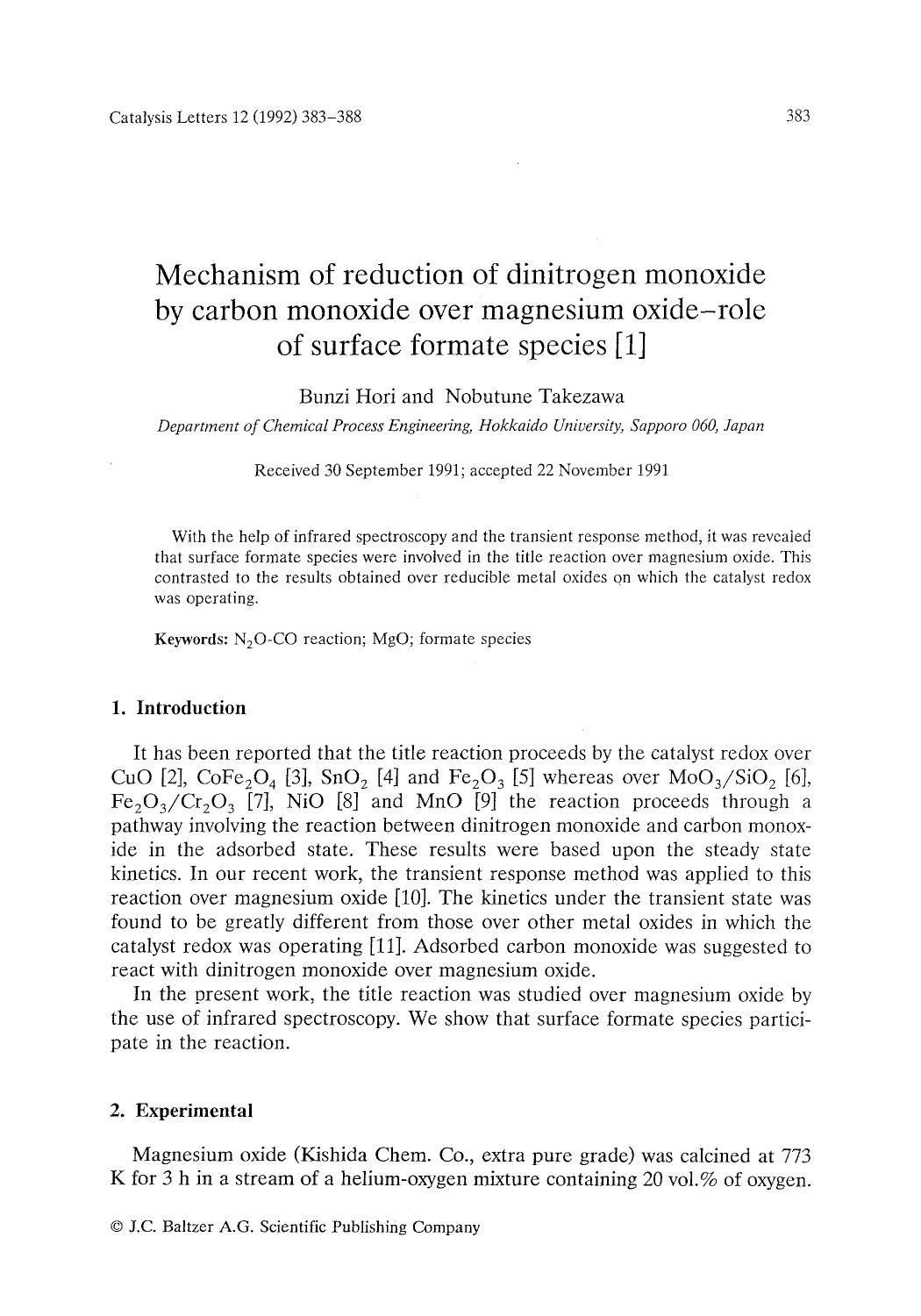 Mechanism of reduction of dinitrogen monoxide by carbon monoxide over magnesium oxide—role of surface formate species [1] by Unknown